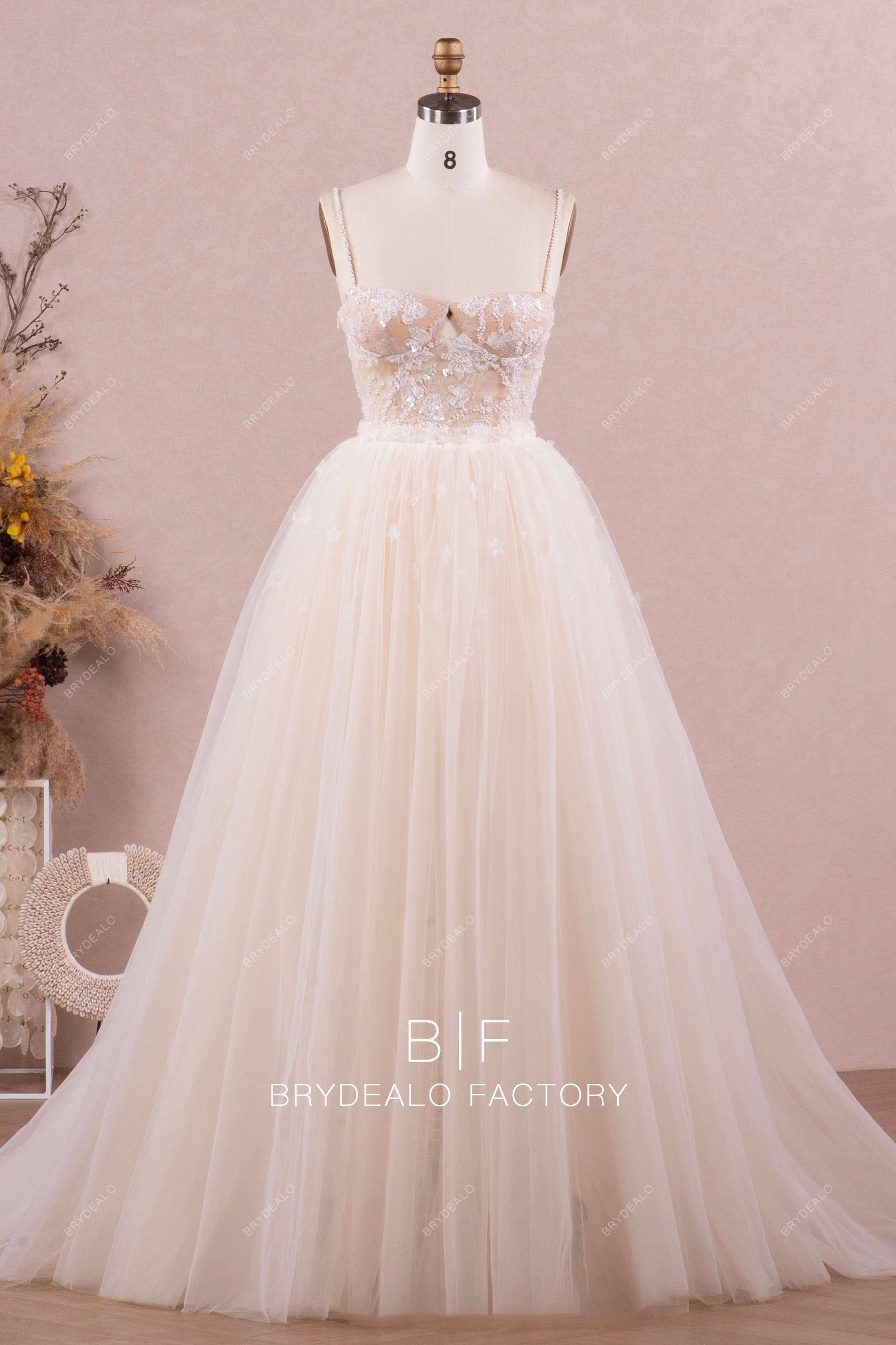 Designer Beaded Lace Champagne Corset Wedding Dress