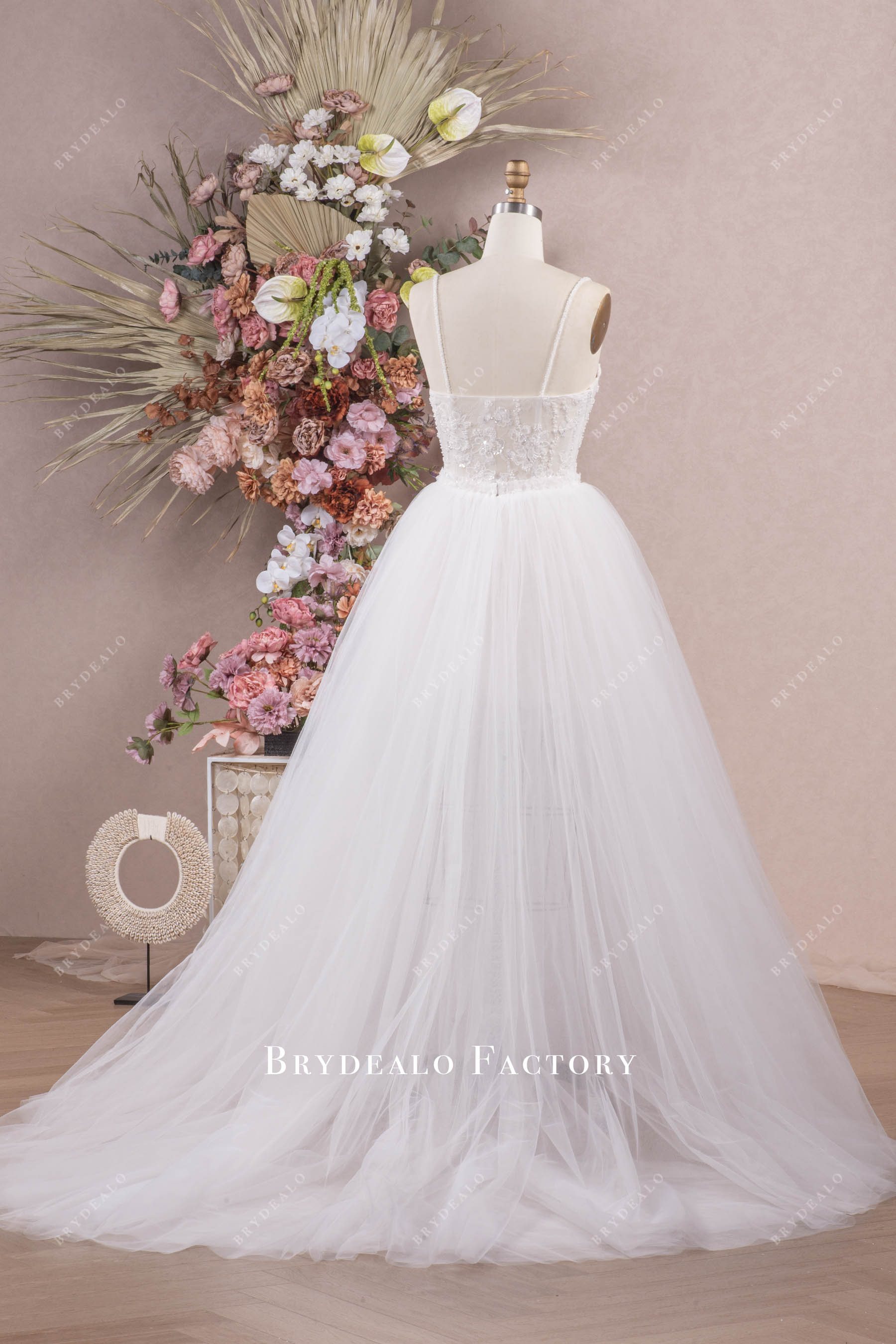 open back long train ball gown tulle bridal dress