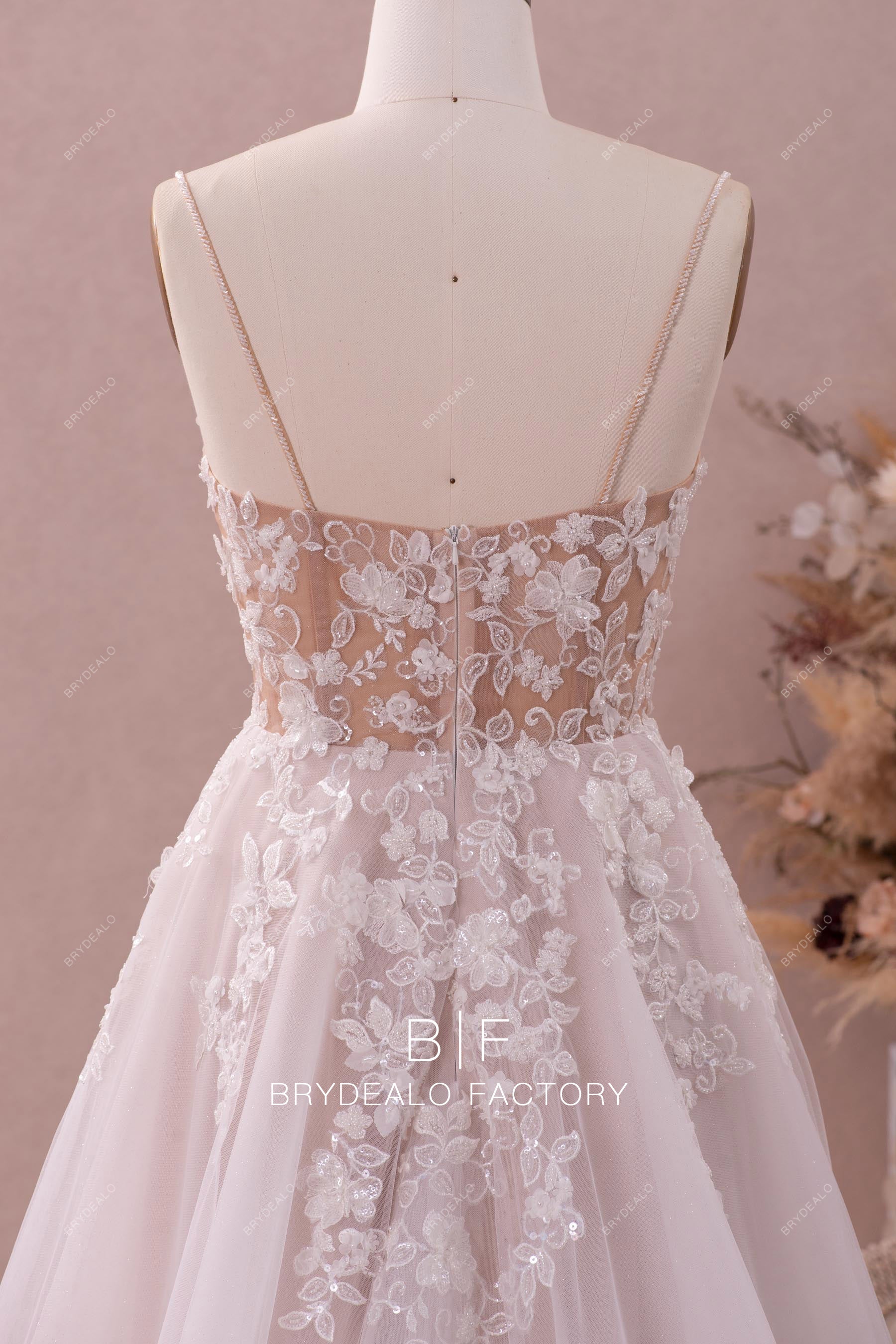 beaded thin straps 3D lace wedding dress