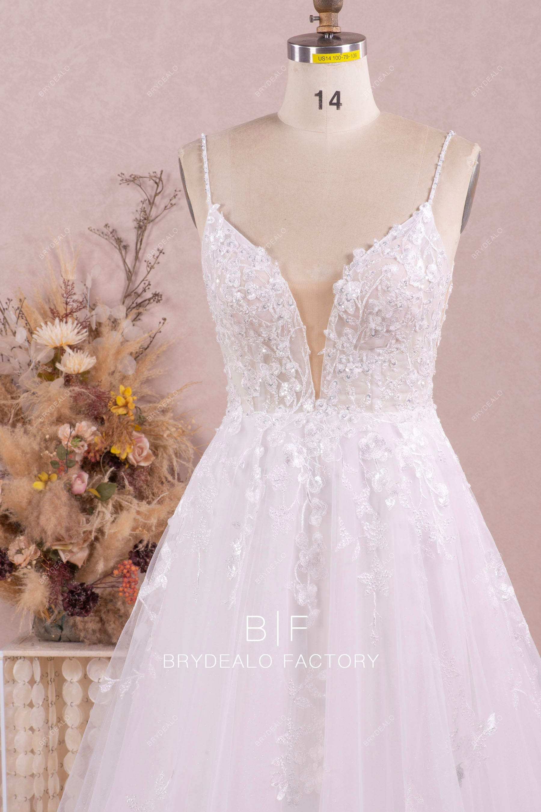 beaded thin straps plunging neck wedding dress