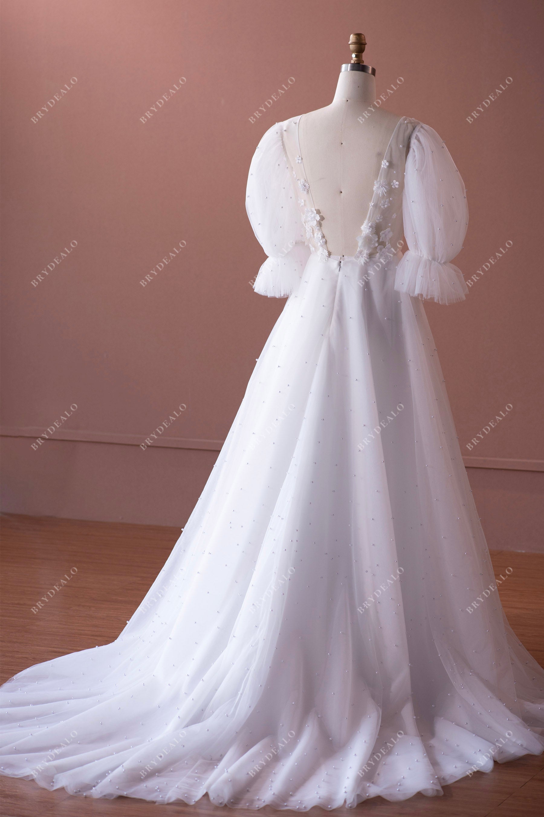 open V-back princess court train bridal gown