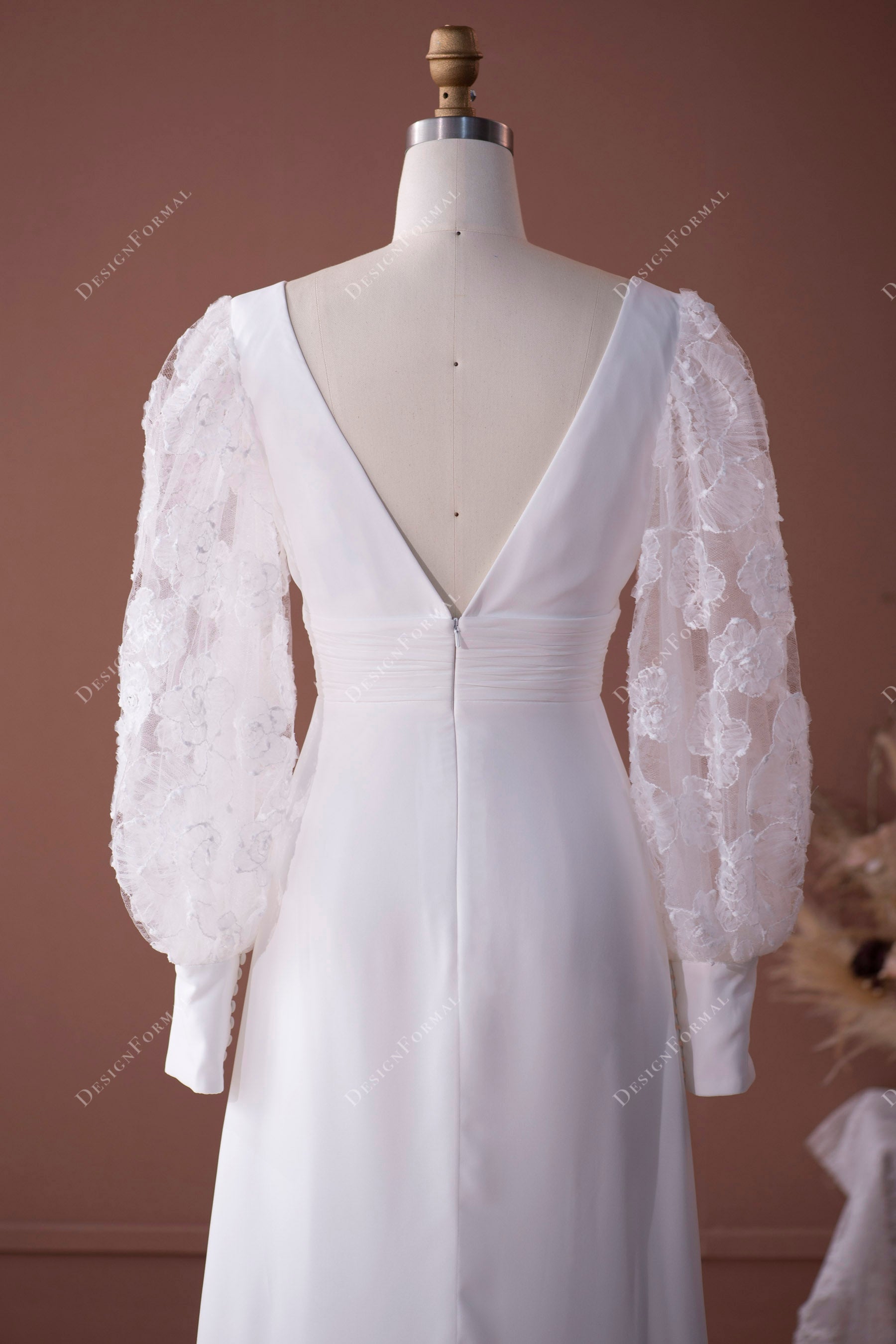 V-back chiffon modest wedding gown