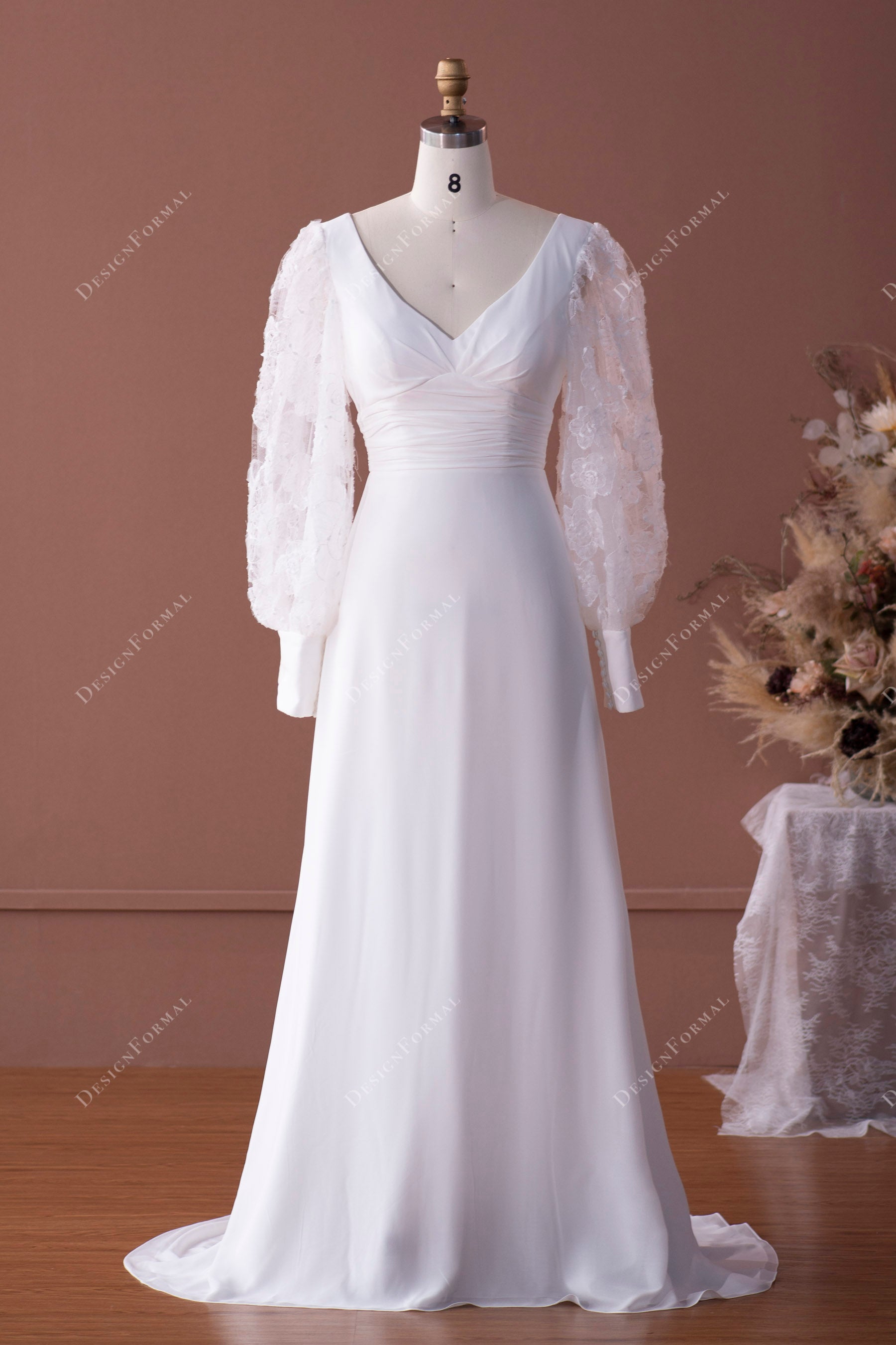 Flower Embroidery Bell Sleeve V-neck Chiffon Wedding Dress