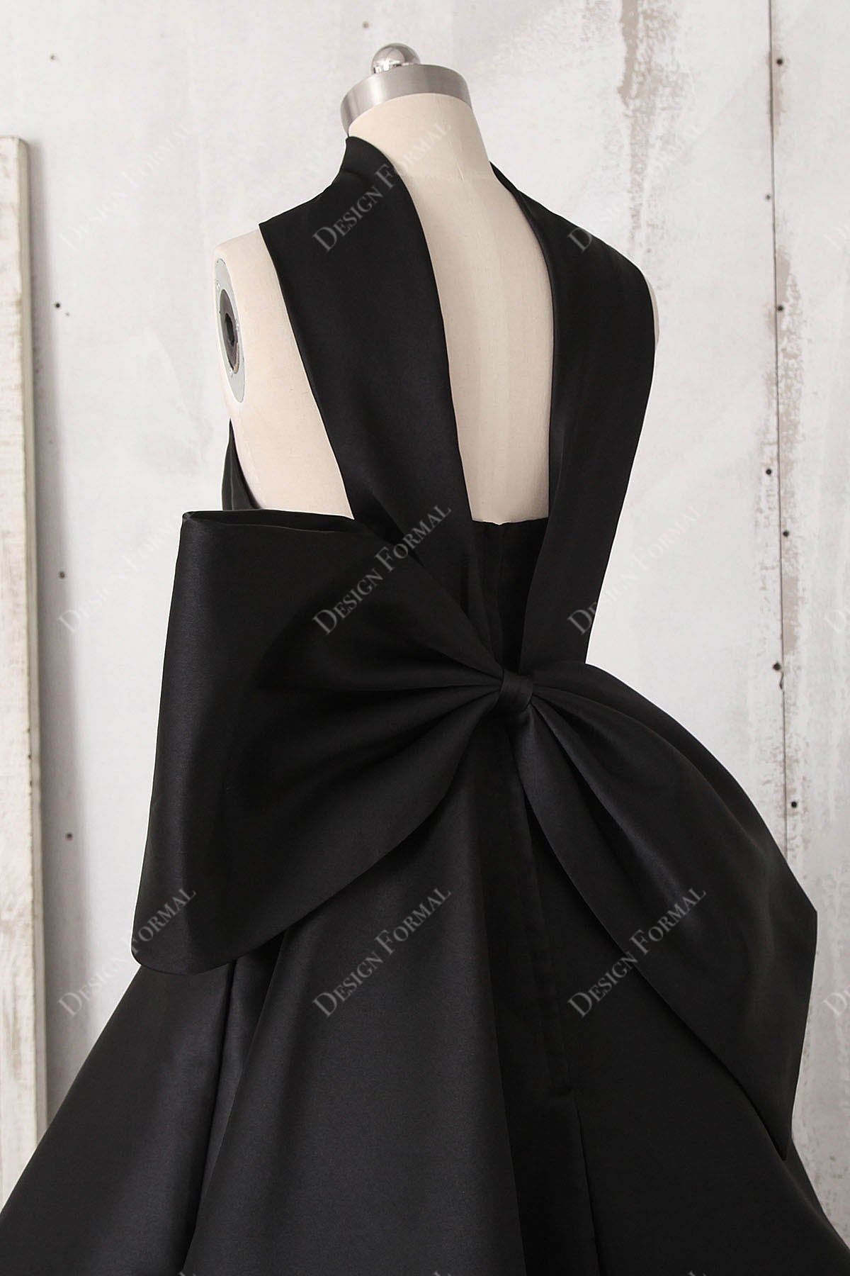 Black Satin Halter Bowknot Unique Tea Length Prom Bridesmaid Dress