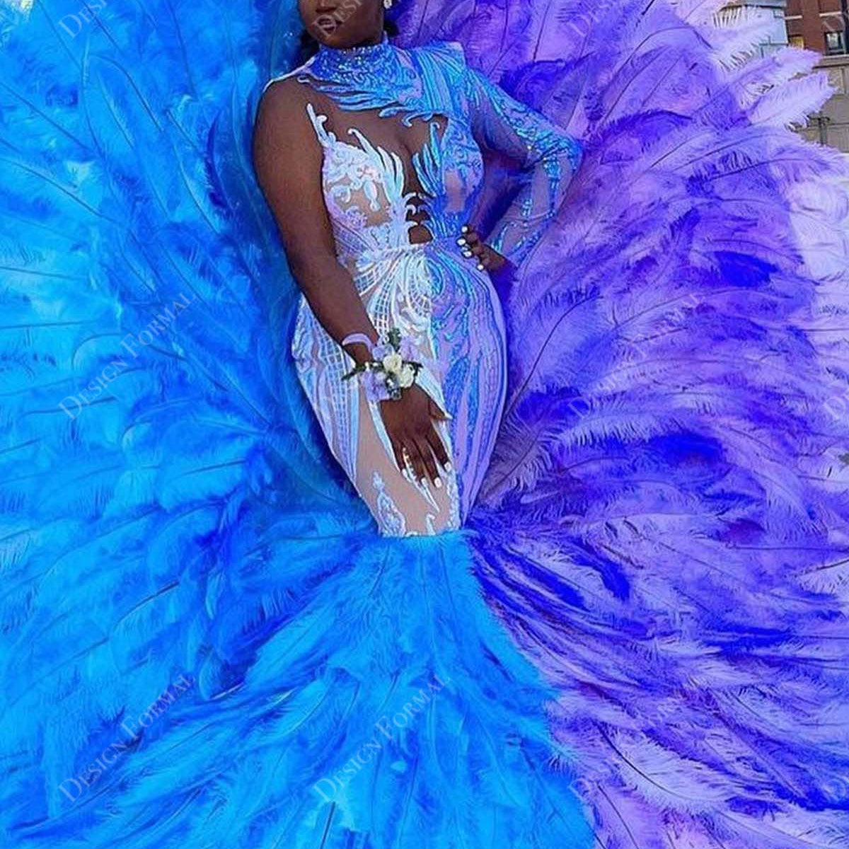 Multi-color Unique Sequin Big Feather Trumpet Crafted Prom Gown Multi-color Unique Sequin Big Feather Trumpet Crafted Prom Gown