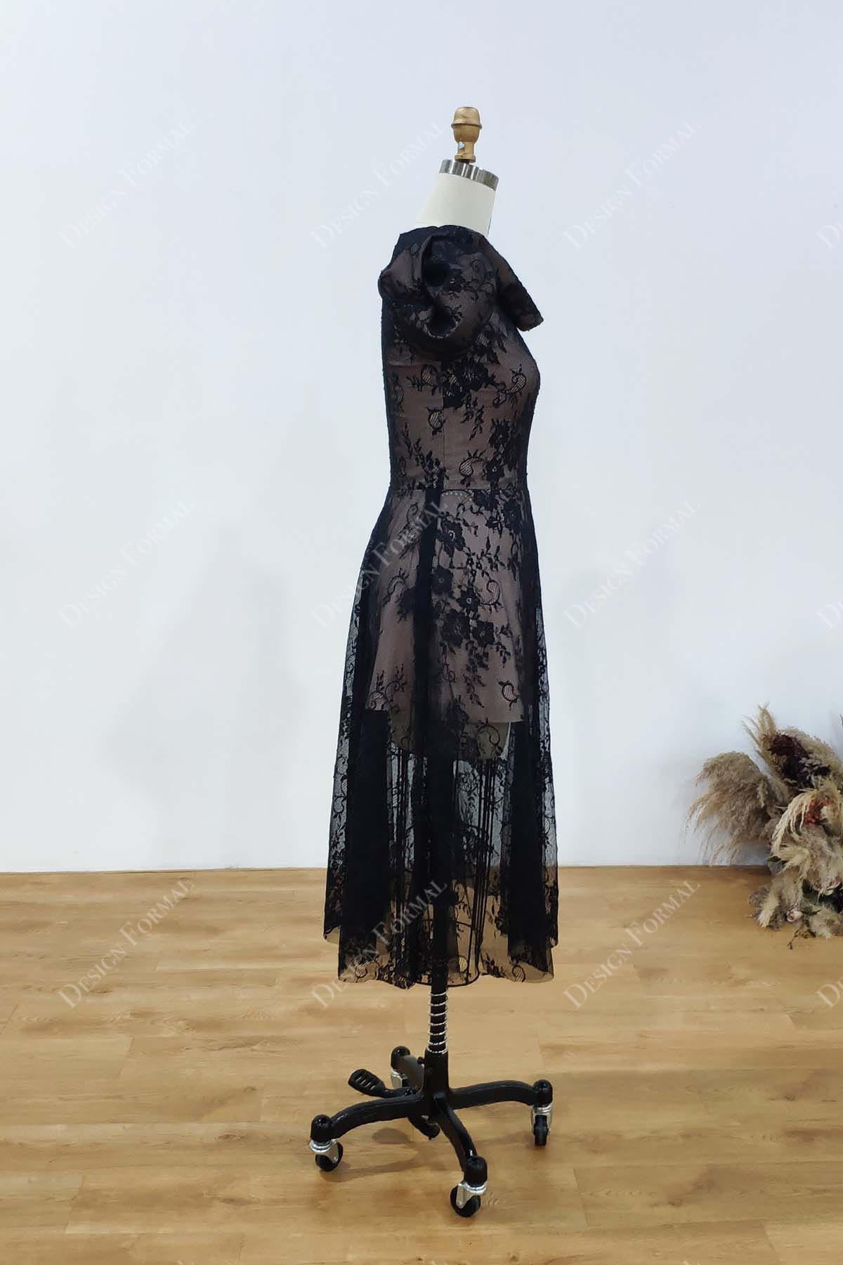 black A-line designer lace cocktail length formal dress