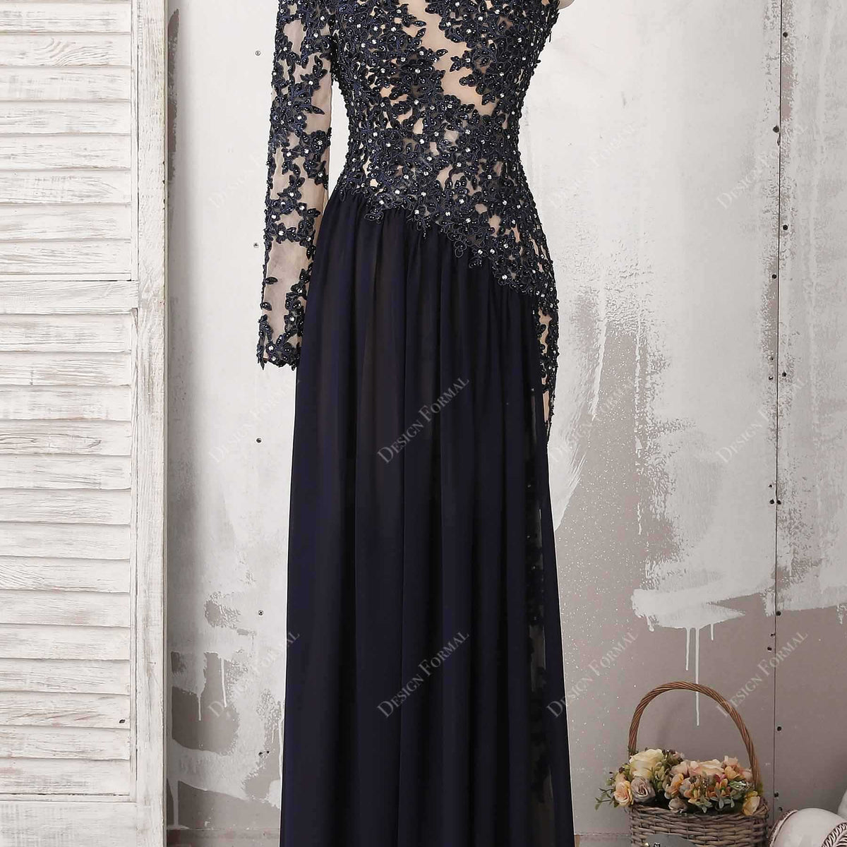 Fancy Black Beaded Lace Chiffon Unique One Sleeve A-line Prom Dress