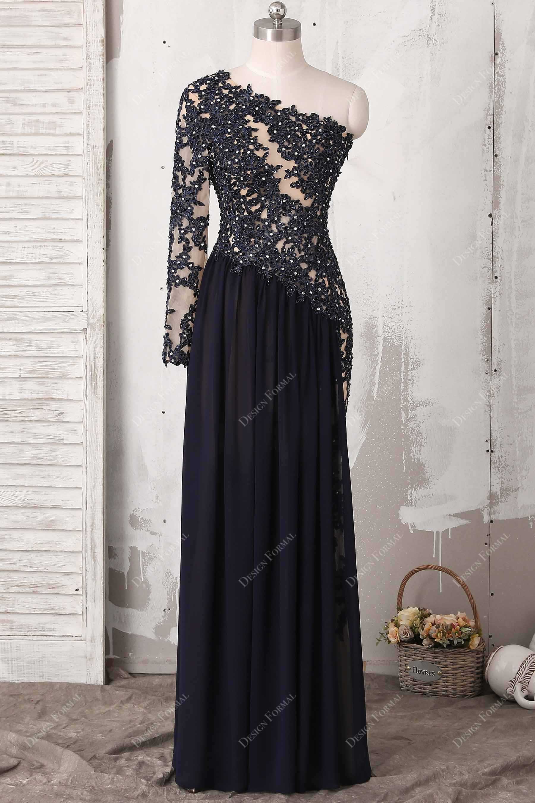 black applique asymmetrical chiffon prom dress
