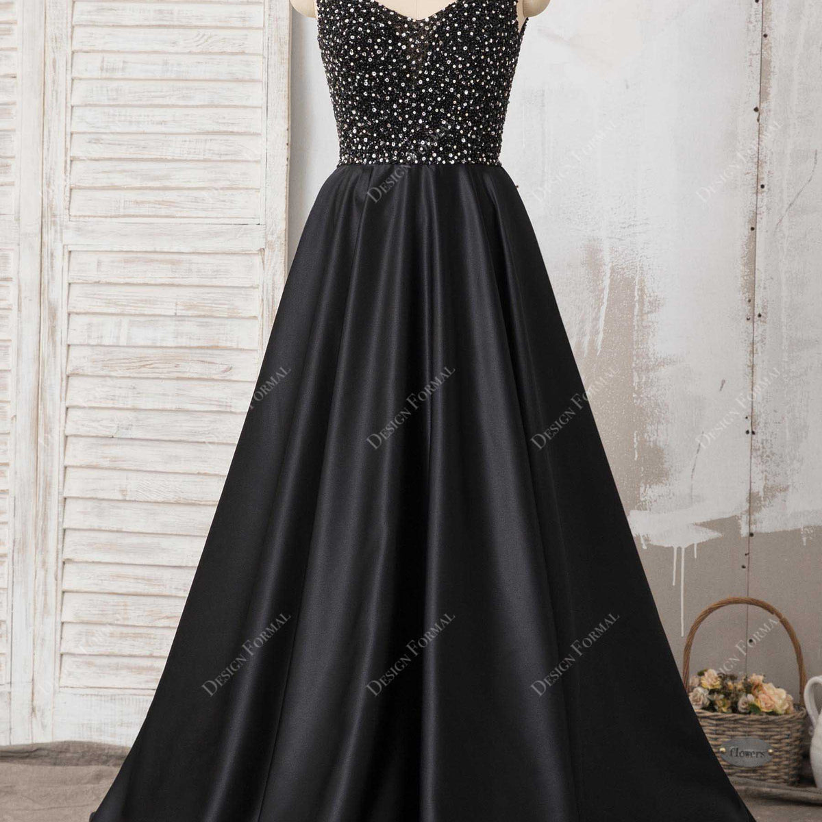 Black Beaded Satin Queen Anne Neck Sexy Open Back A-line Dress