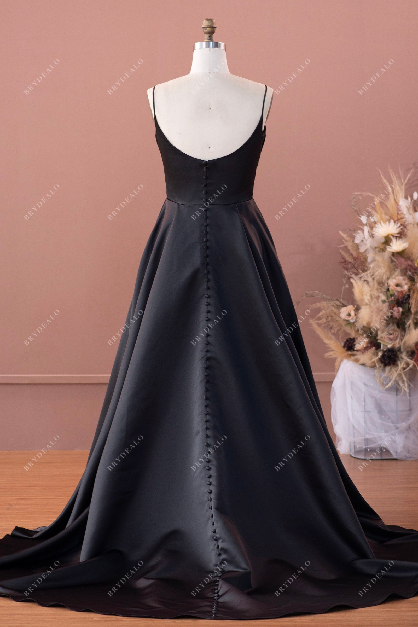 Black Satin Ruched V-neck Elegant Chapel Train Gothic Bridal Dress