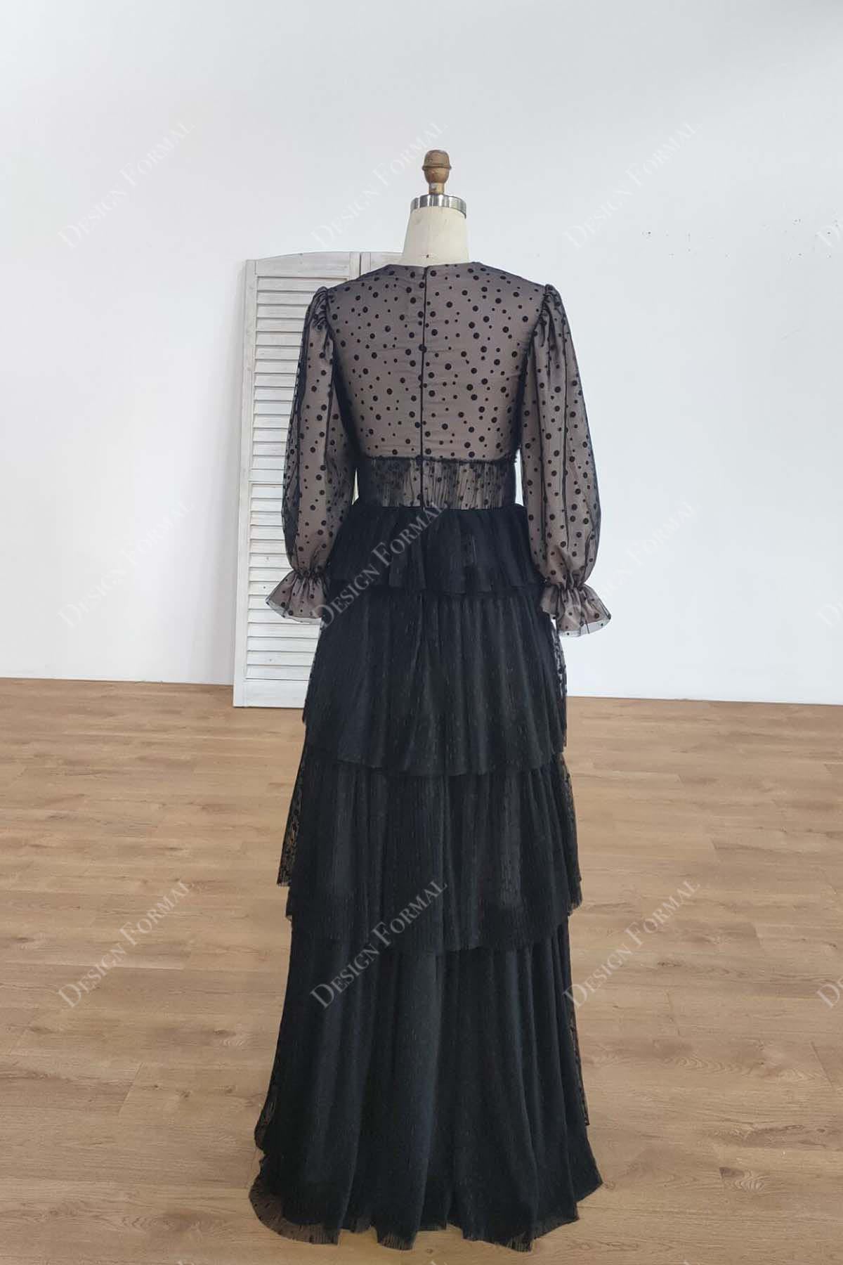 Black Dotted Ruffled Neck Puffy Sleeves Tiered A-line Designer Formal Dress