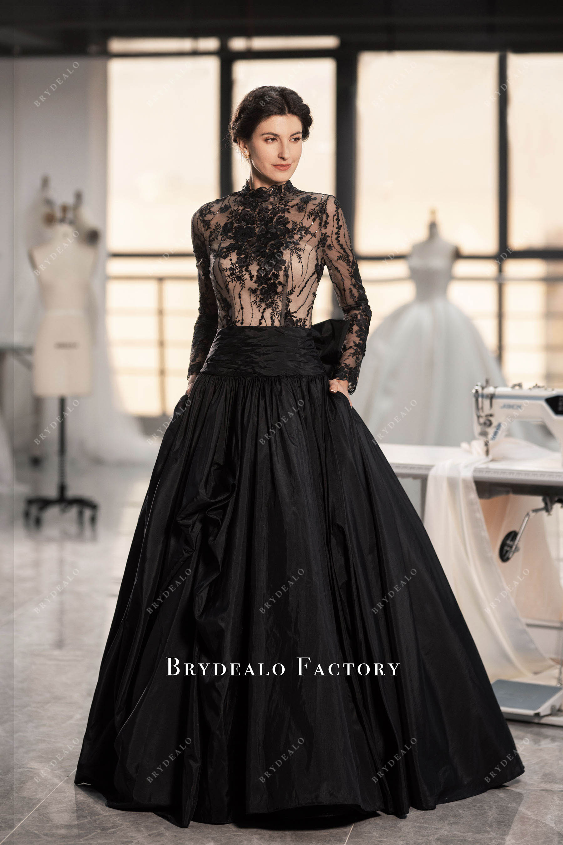 black lace pocket taffeta floor length wedding dress