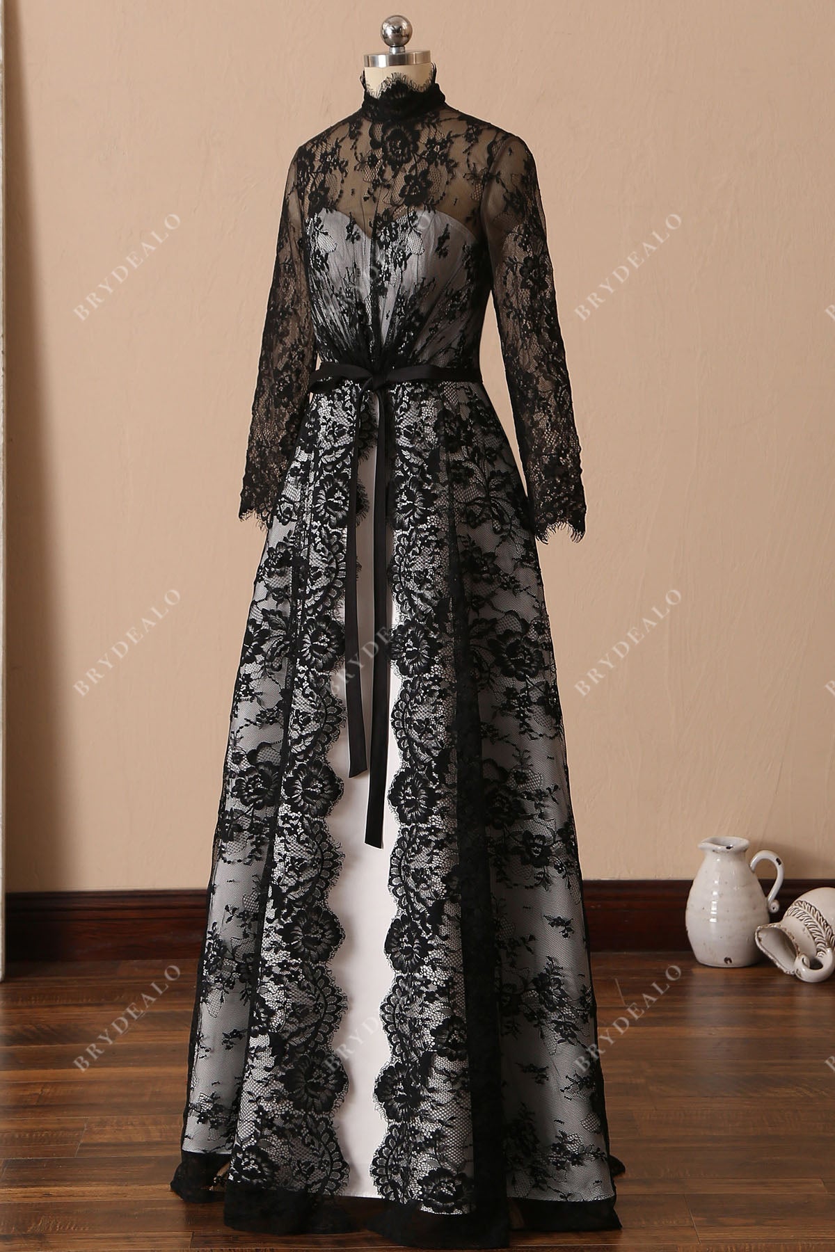 sheer long sleeves black lace overlaid white modern wedding dress