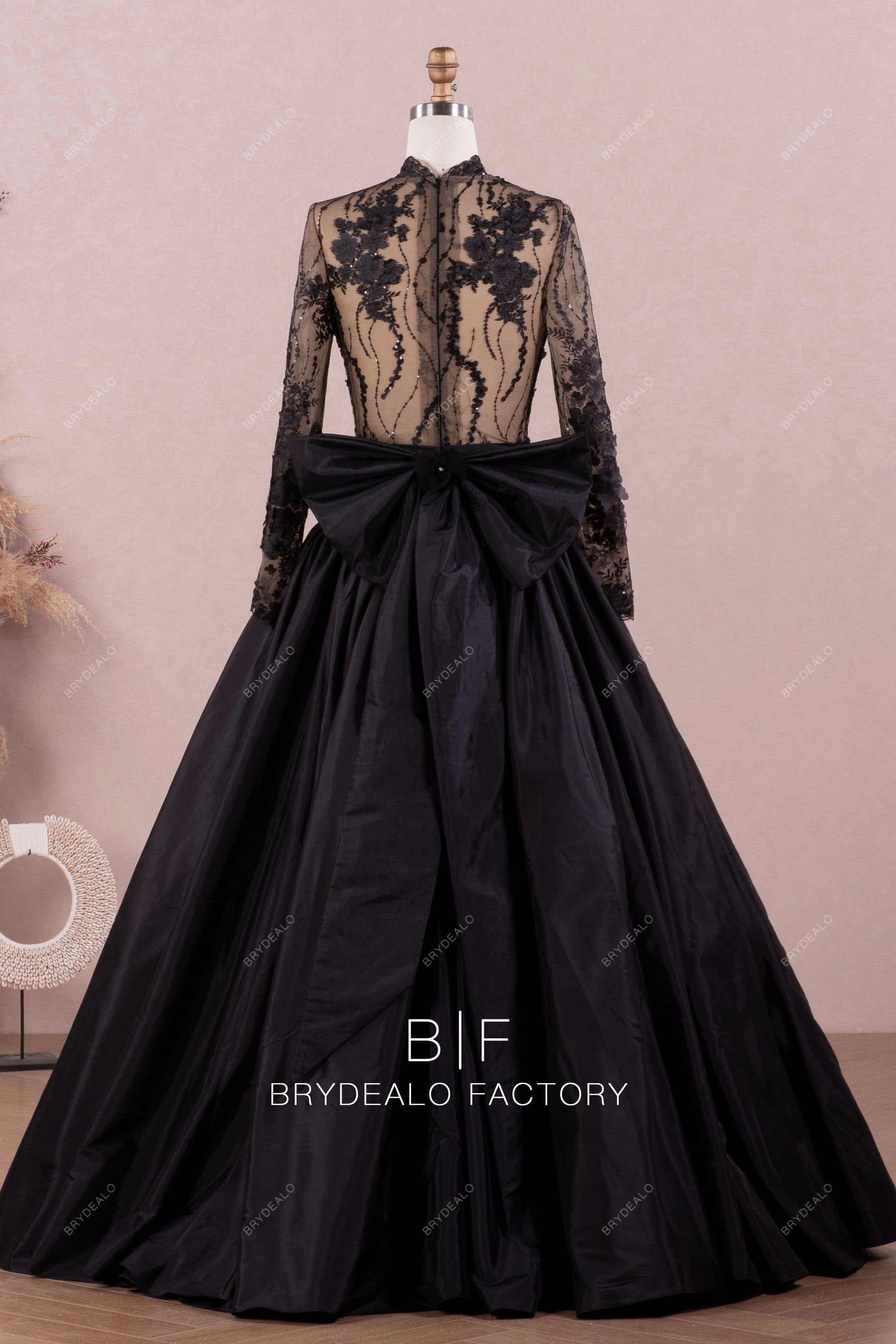 black large bowknot lace taffeta wedding gown