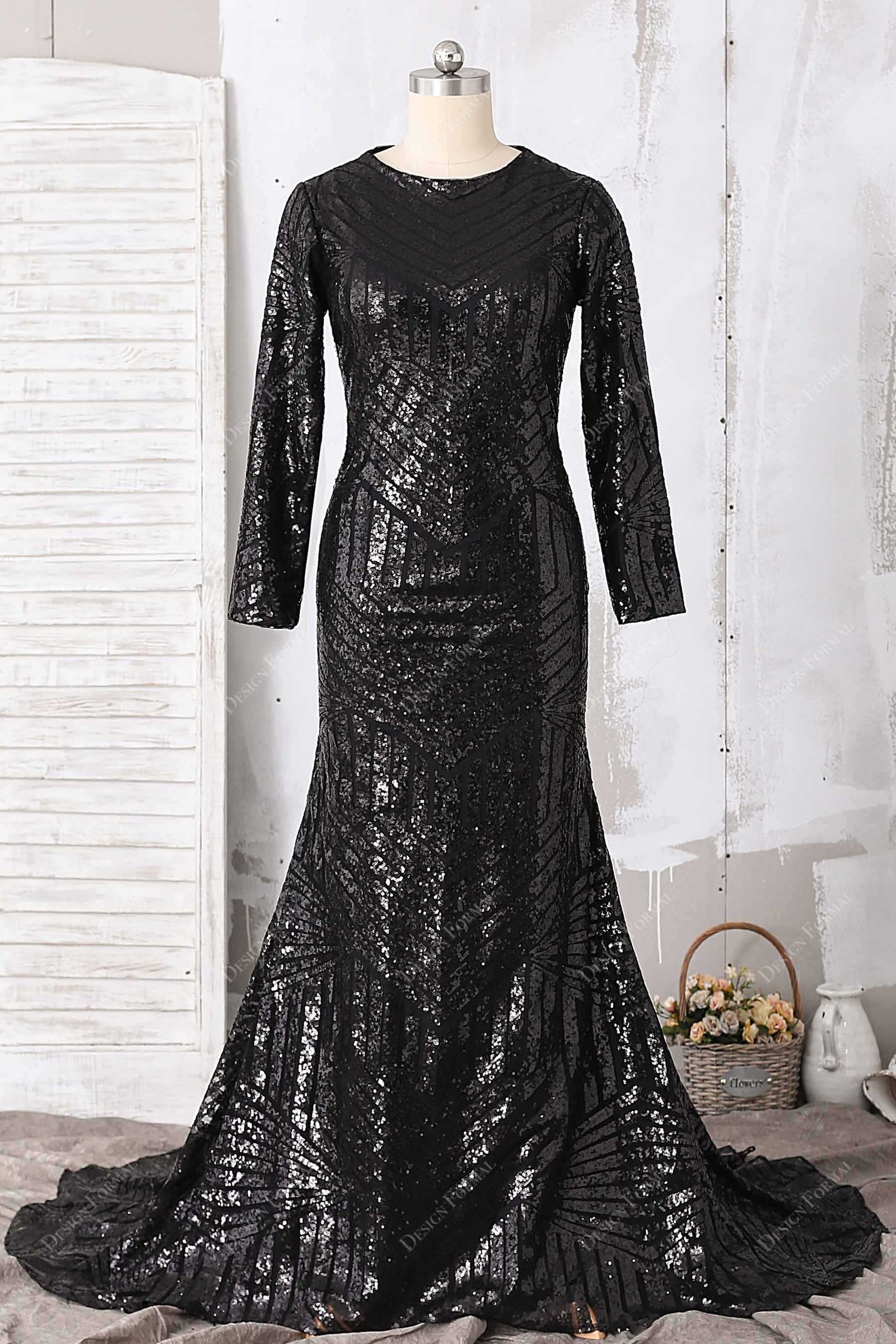 Demure Black Sequin Sleeved Plus Size Mermaid Gown