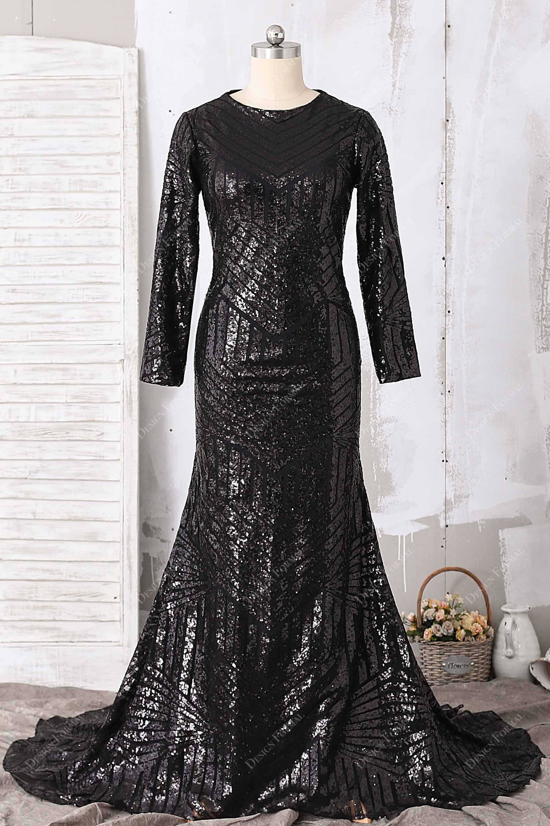 black sequin long sleeve mermaid prom dress