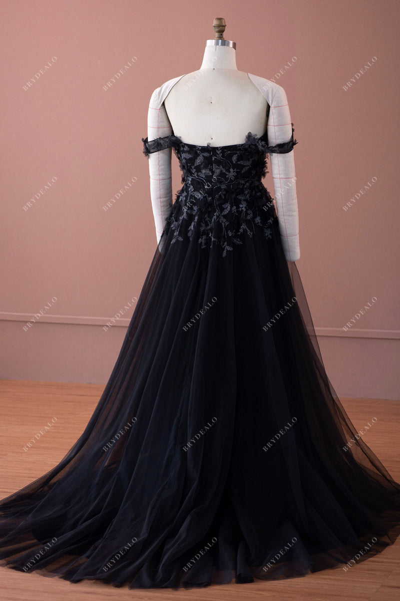 Elegant Black Off The Shoulder Sweetheart A-line Prom Dress With Bubble Sleeves,Slit Long Evening Dress Y8283 main image 0