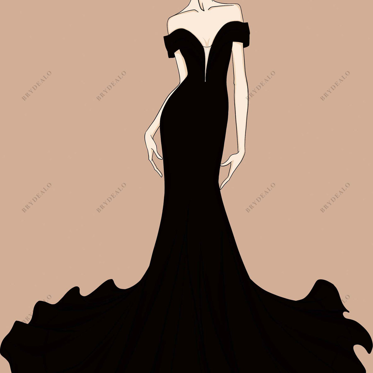 off shoulder dress drawing Custom Mermaid Black Off-shoulder Prom Formal Dress Sketch, A Custom Sketch