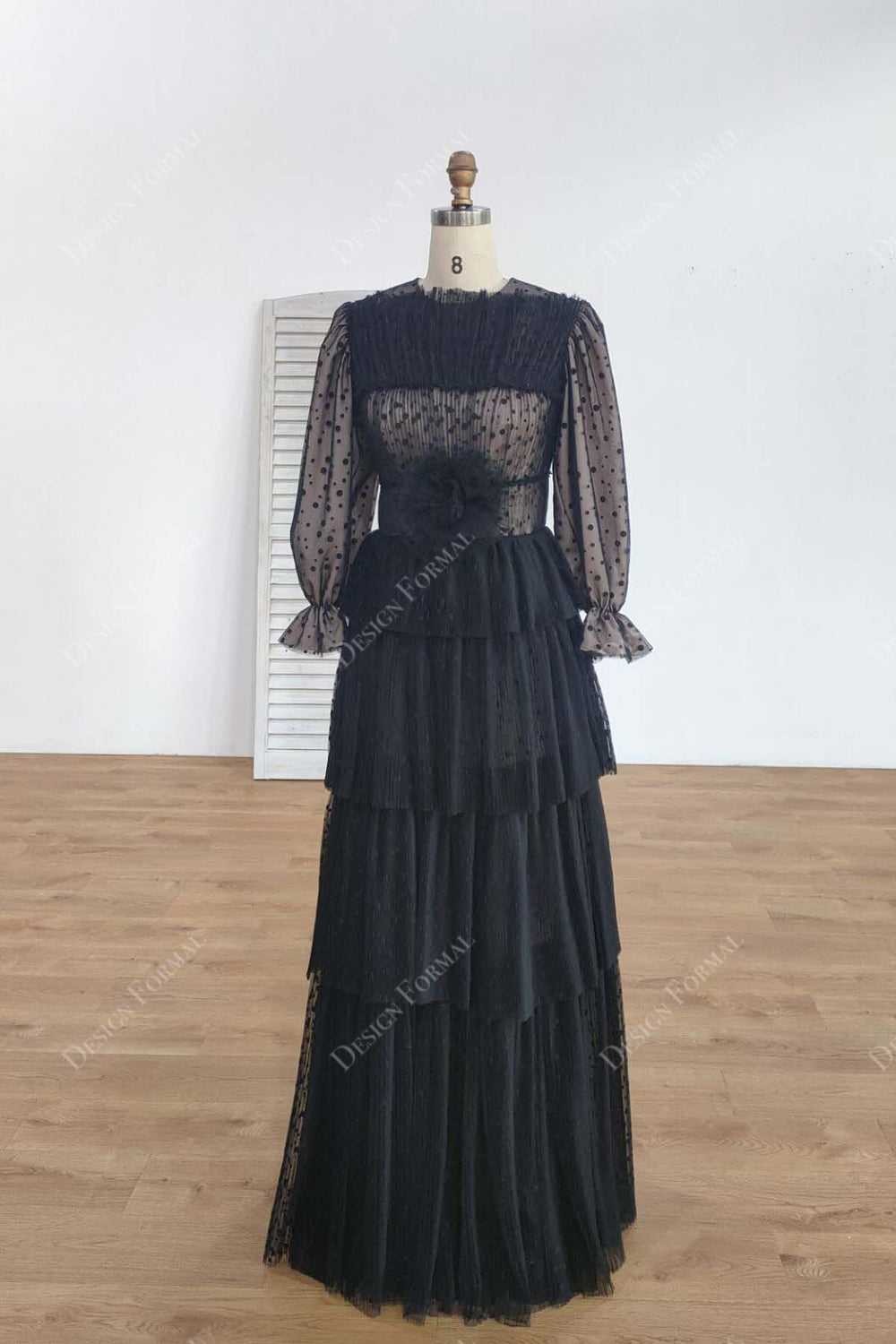 Black Dotted Ruffled Neck Puffy Sleeves Tiered Designer Dress