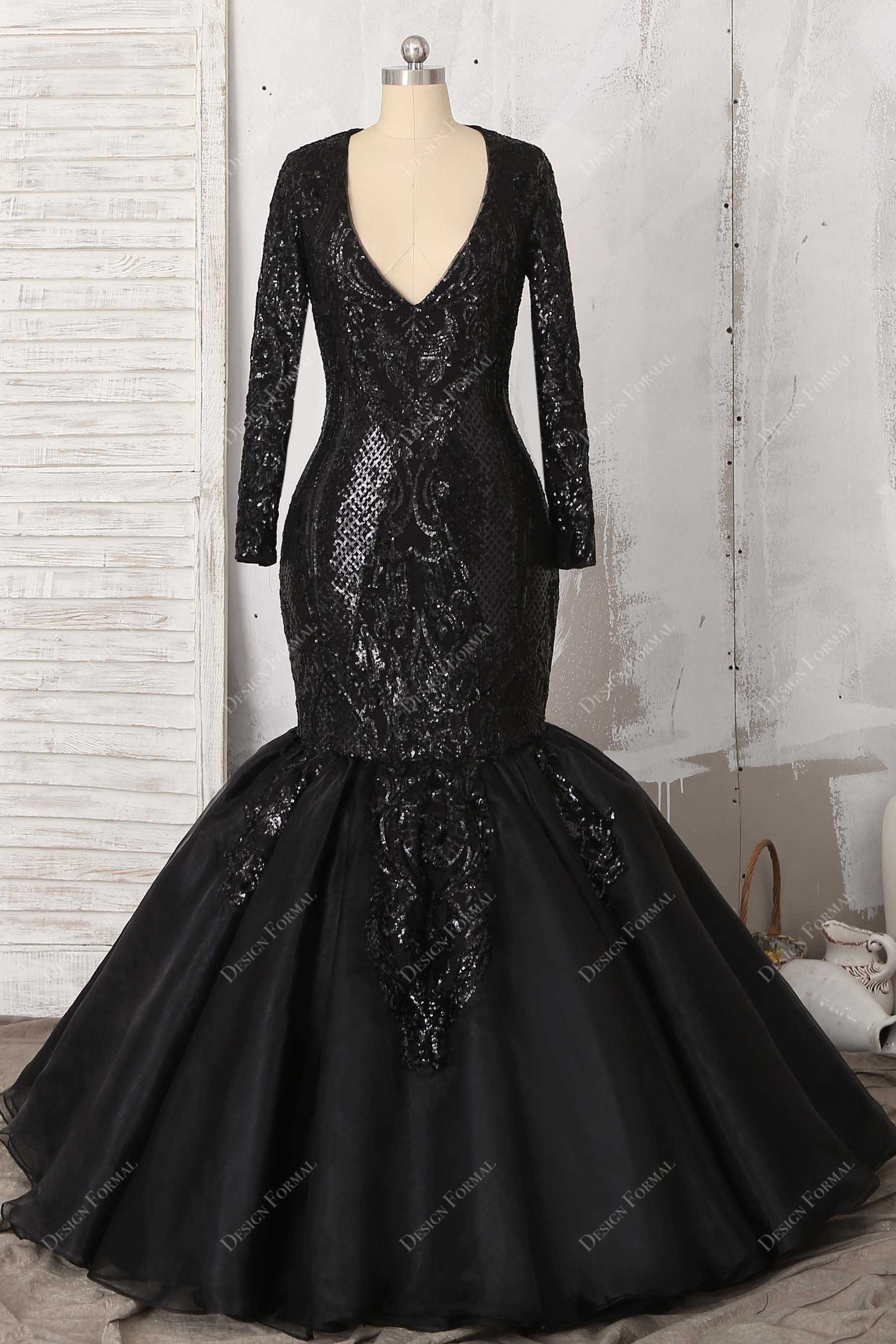 black sequin V-neck modest trumpet tulle prom gown