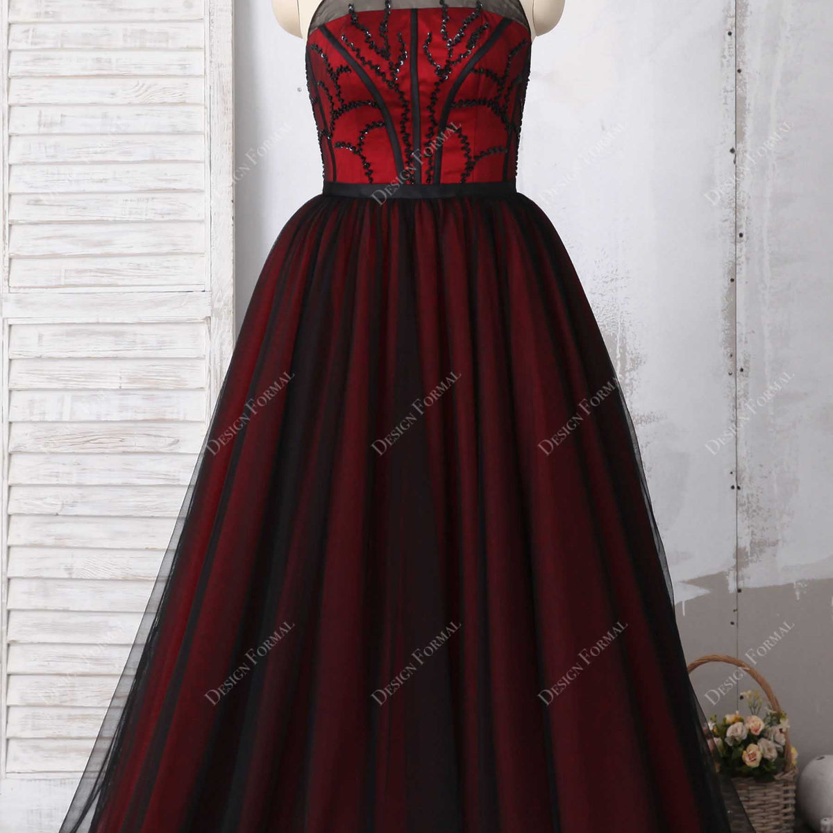 Black Beads Tulle Illusion Halter Plus Size Red Prom Sweetheart 16 Dress
