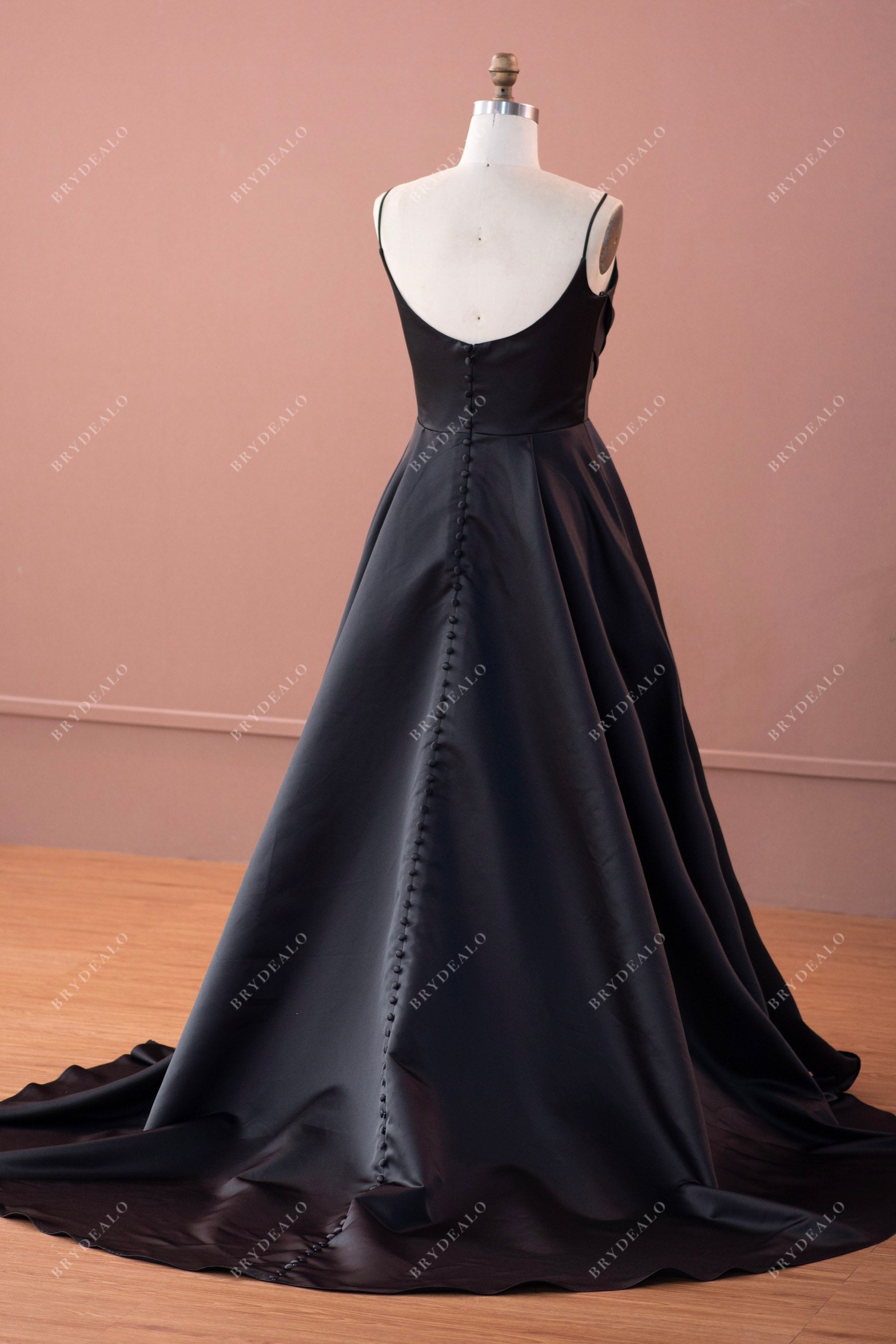 black thin straps open back A-line long wedding dress