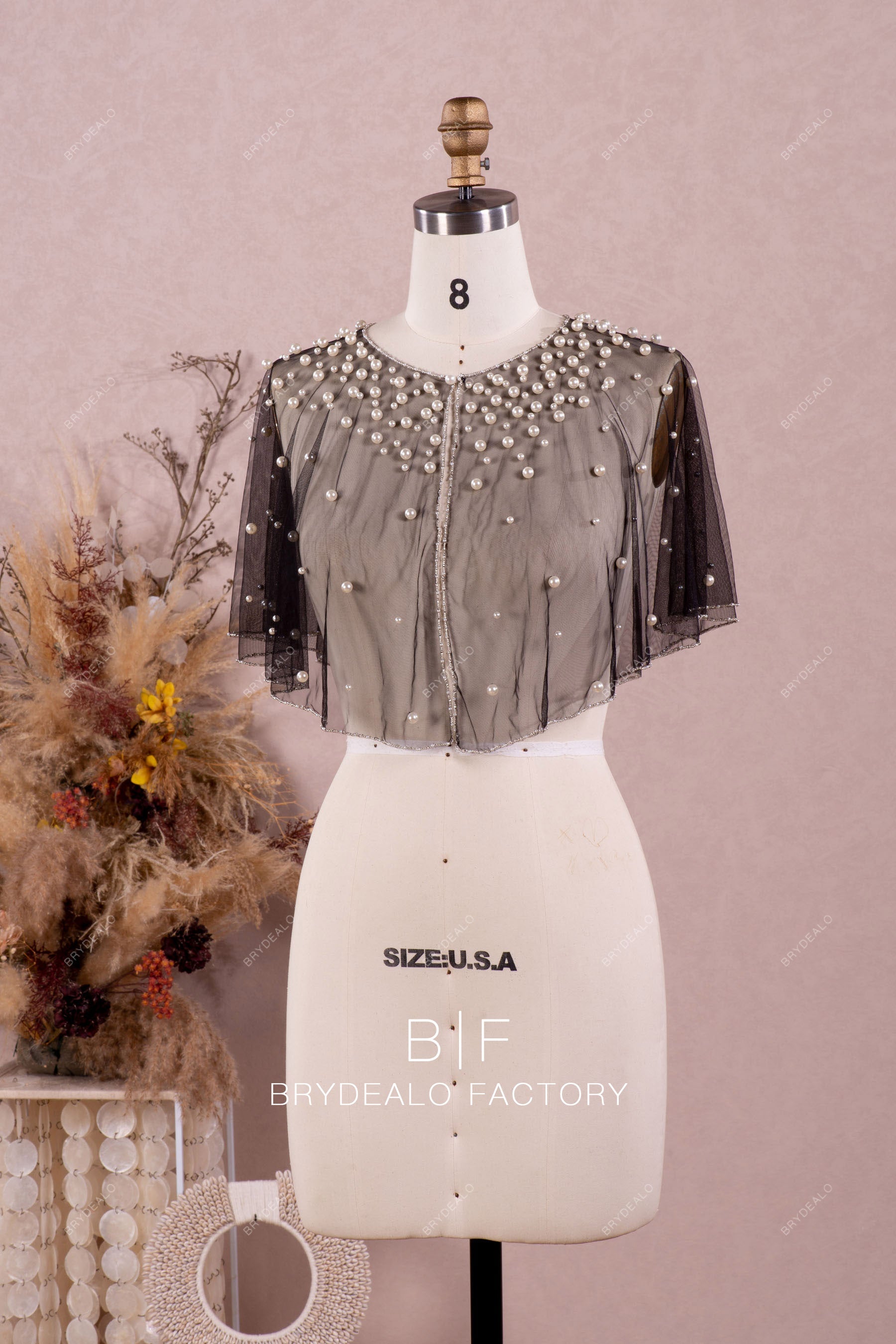 elegant black tulle bridal cape with pearls