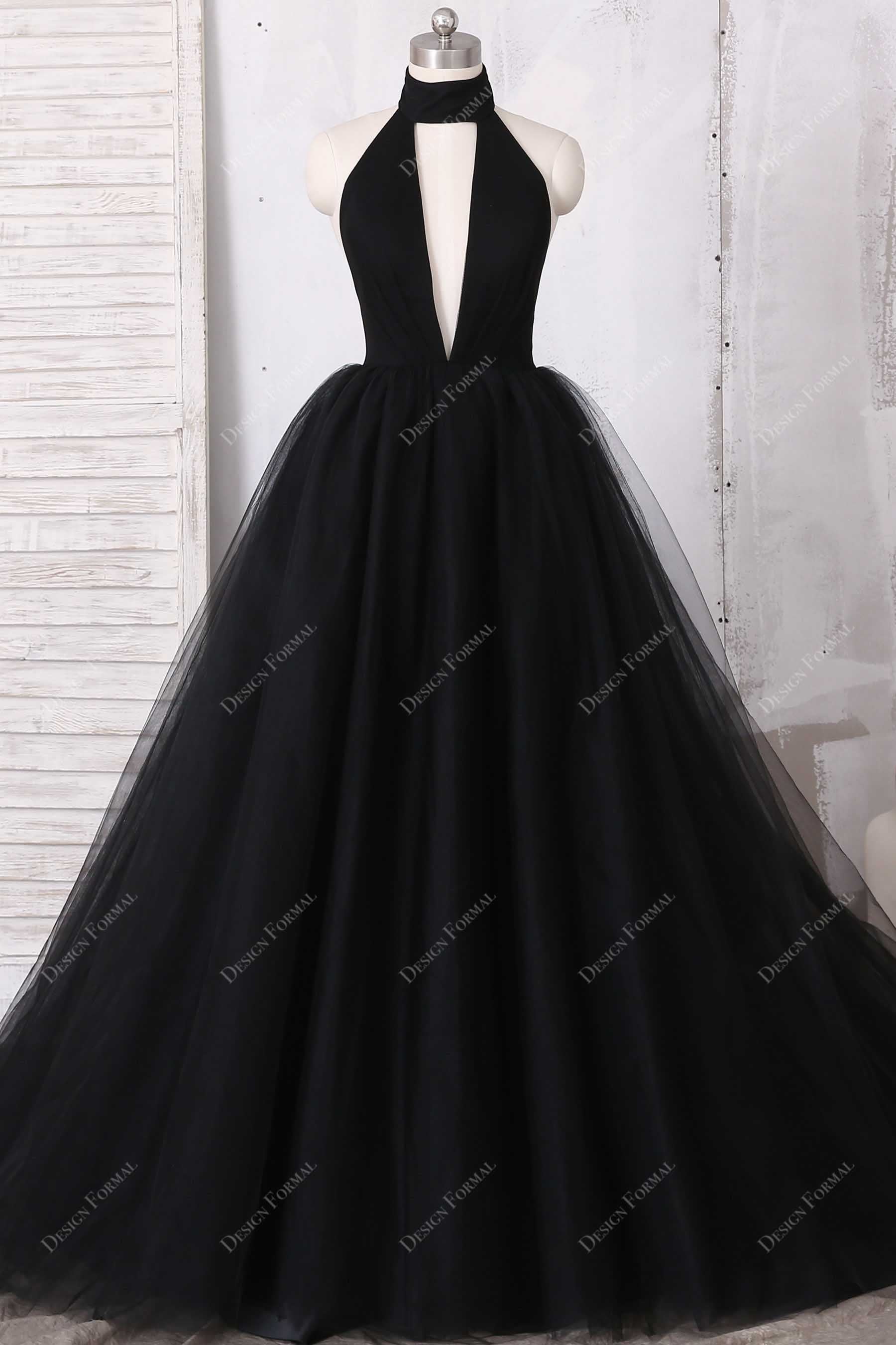 black tulle halter plunging ball gown