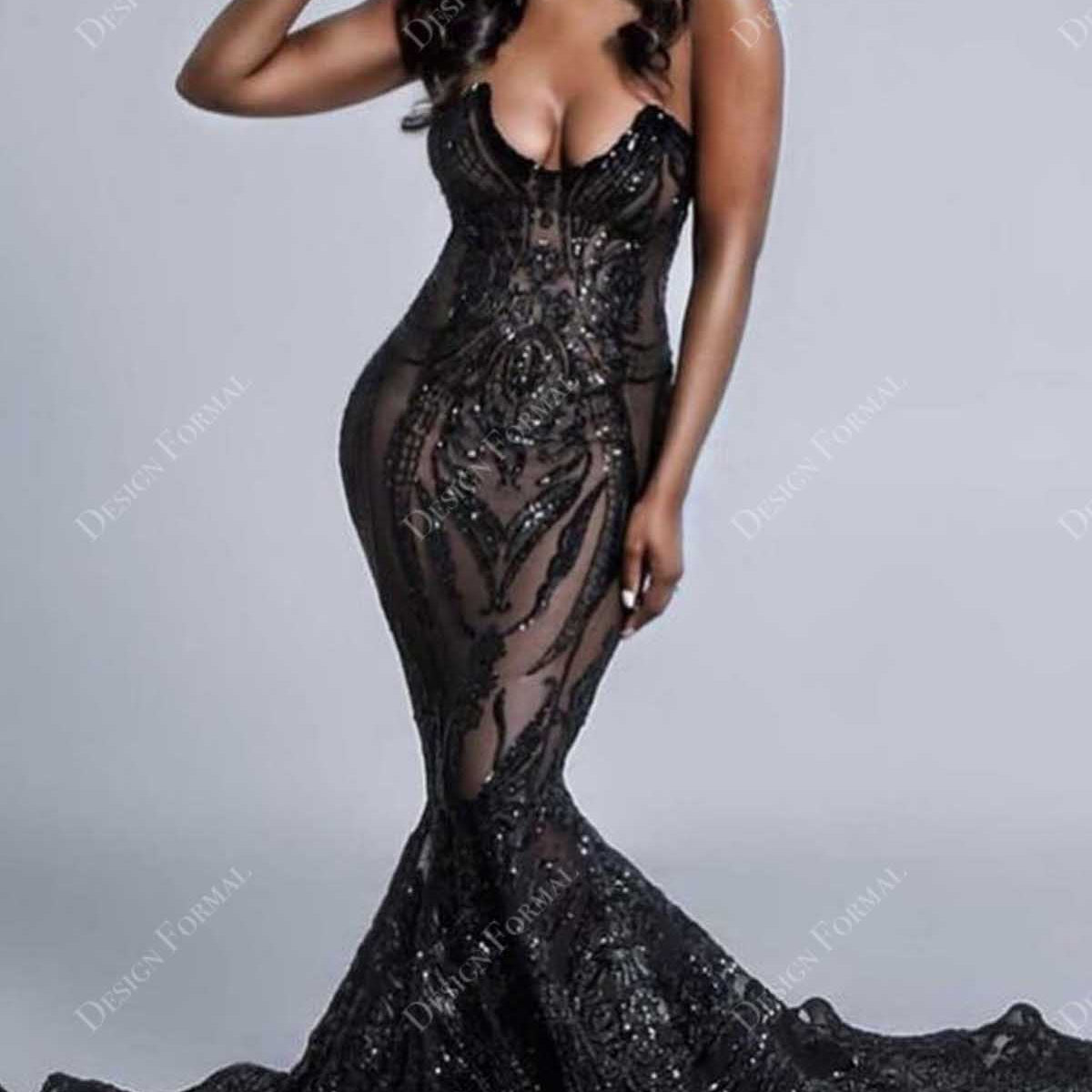 Black Sequin Strapless Sheer Mermaid Made-to-Order Prom Dress