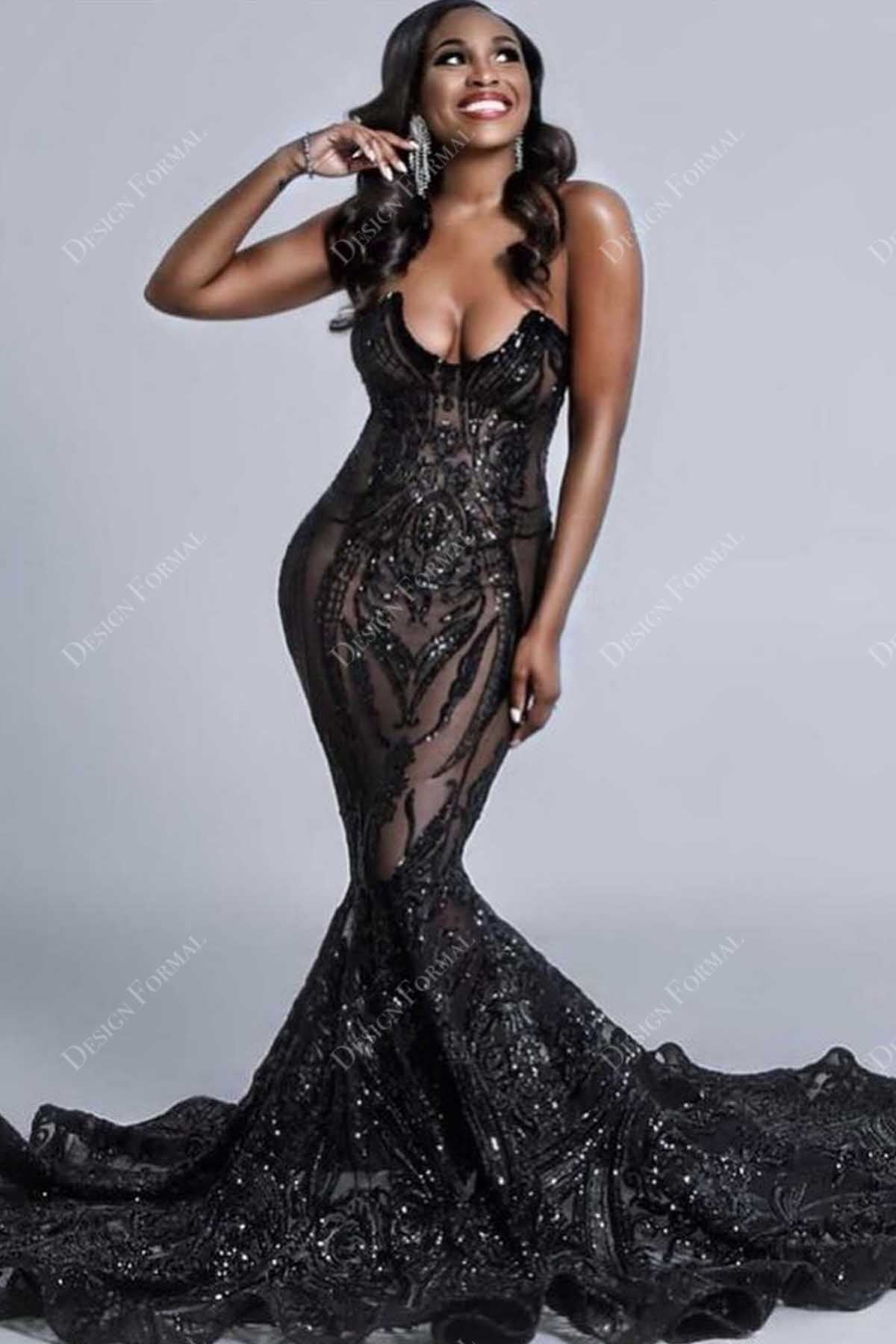 unique black dress Black Sequin Strapless Sheer Mermaid Made-to-Order Prom Dress