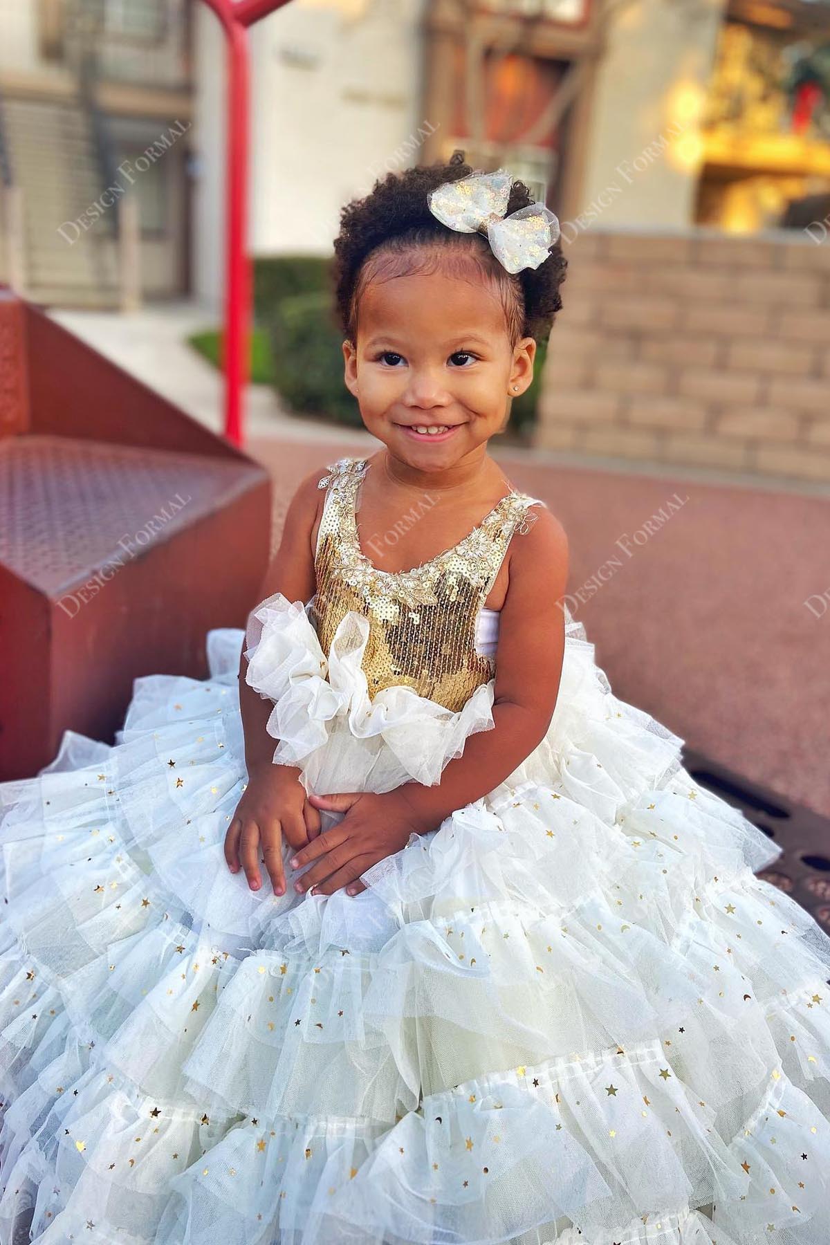Sparkly Gold Sequin Ankle Length Ball Gown Flower Girl Dress
