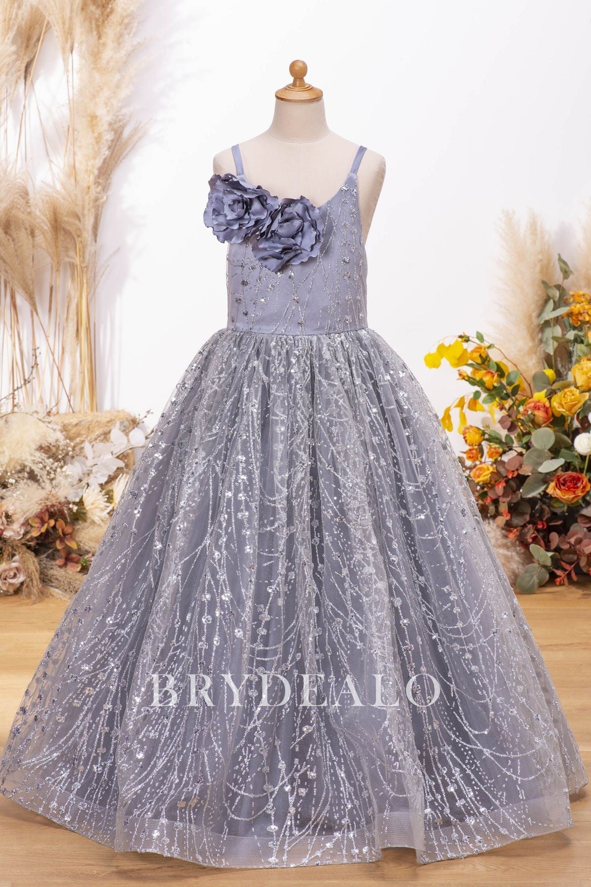 Sparkly Dusty Blue Glitter Floor Length Flower Girl Dress Online