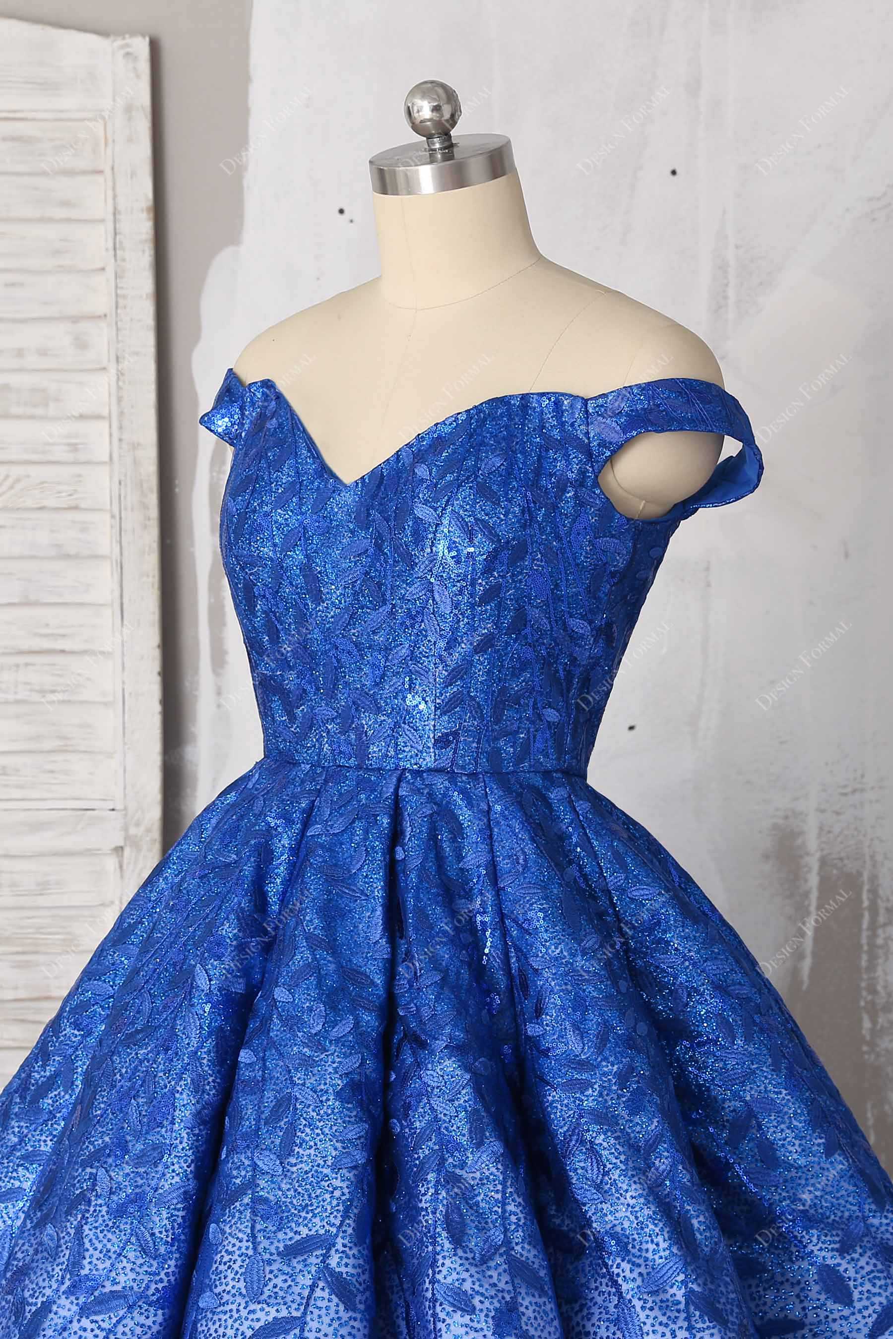 blue leaf patterned lace off-shoulder gown
