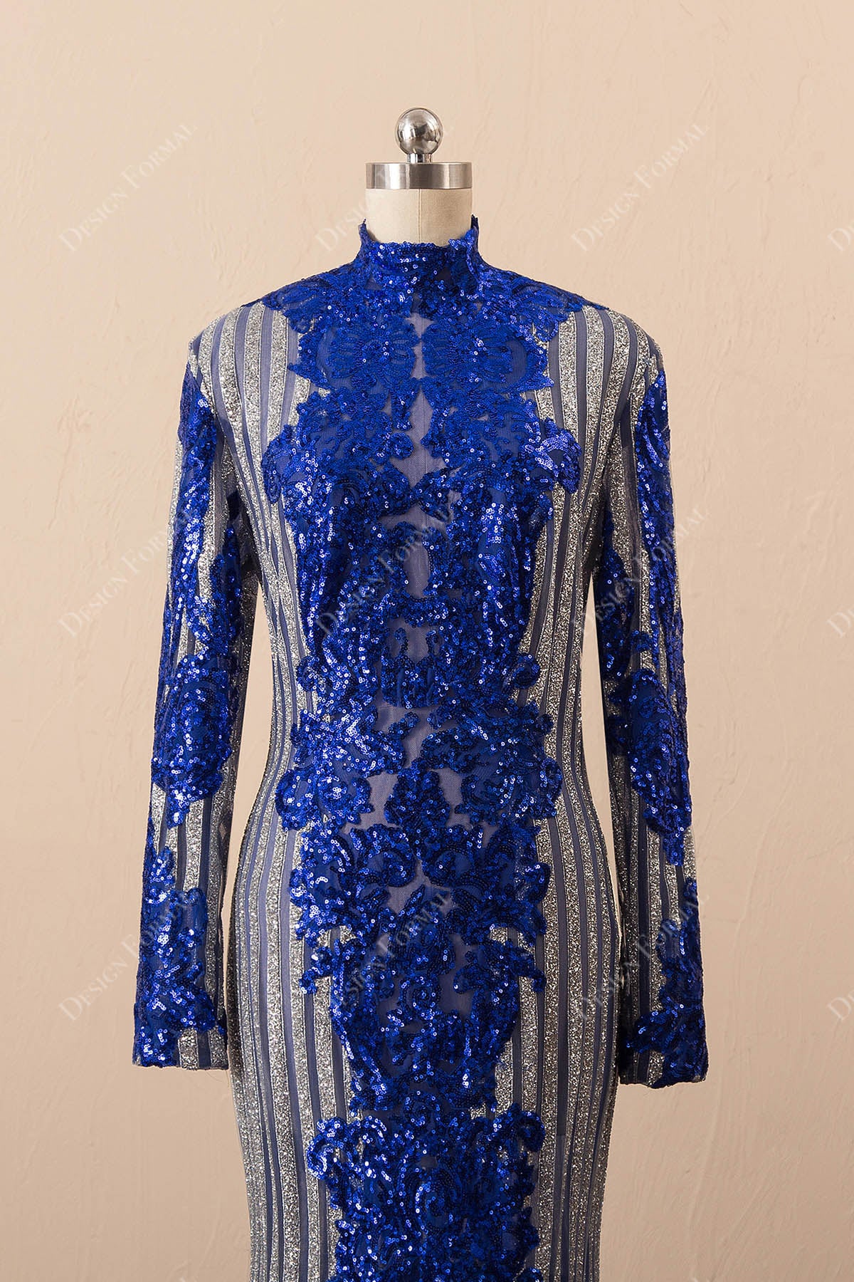 blue sequin applique prom dress