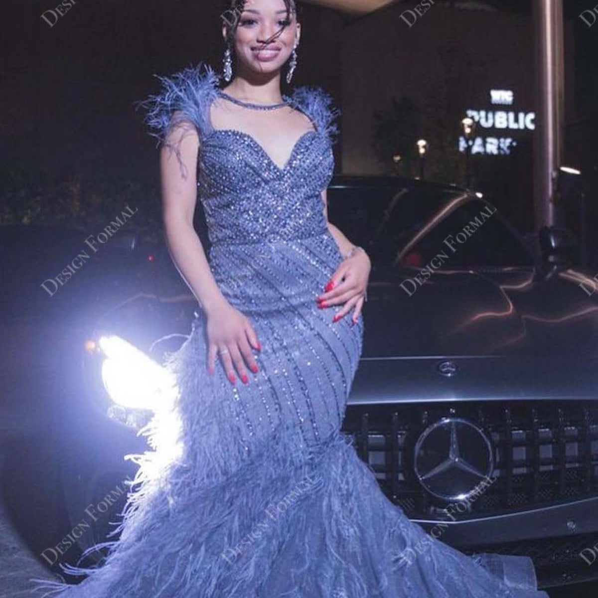 Blue Sequin Ostrich Feather Designer Sweetheart Mermaid Prom Dress