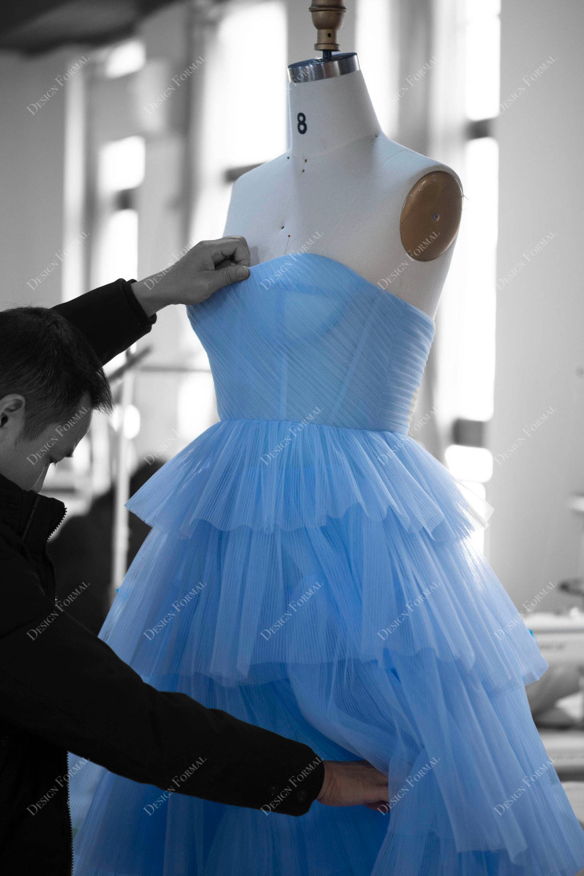 Corset Tulle Stars Sky Blue Long Dress with Tie Bow Straps