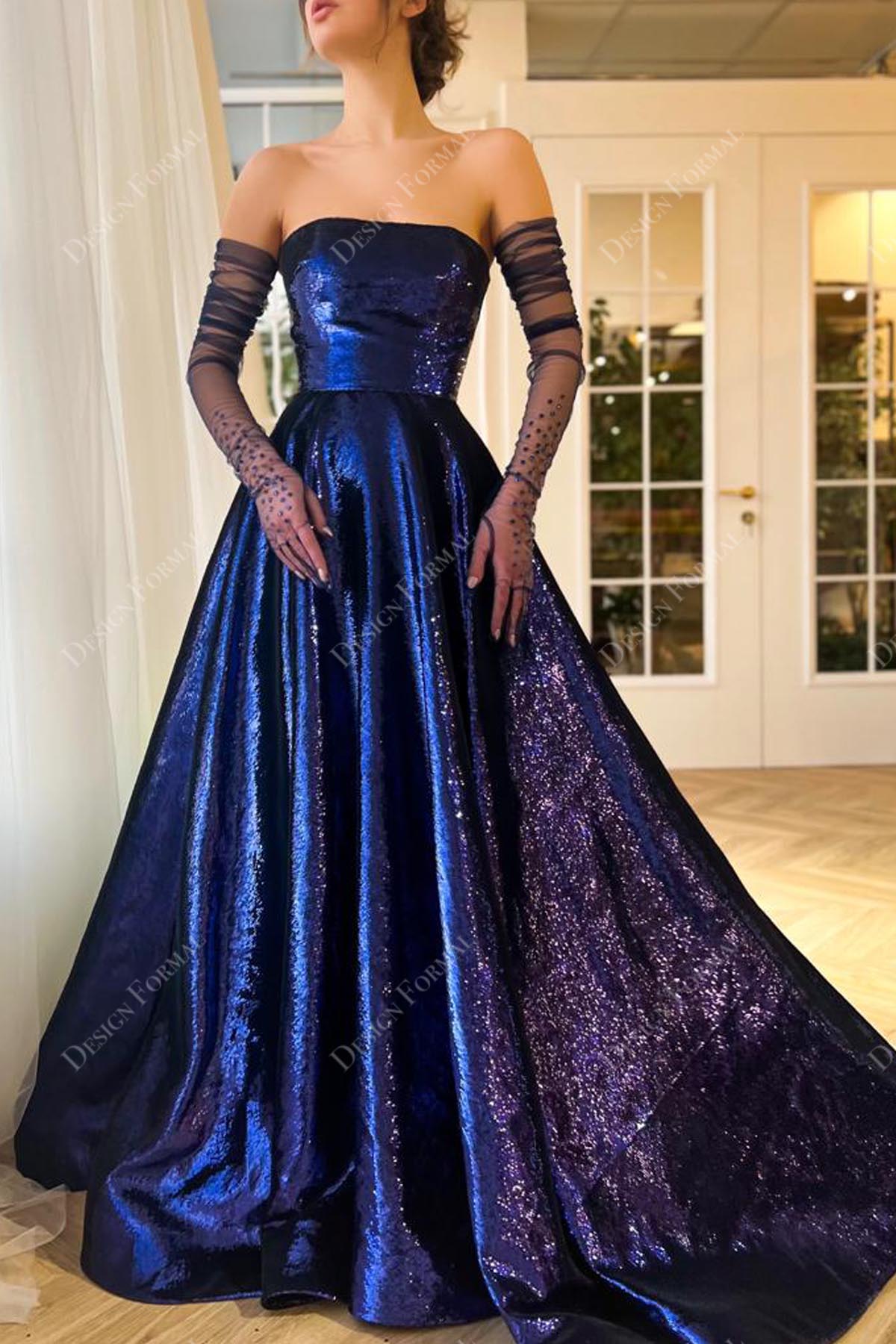 blue sparkly sequin strapless A-line dress