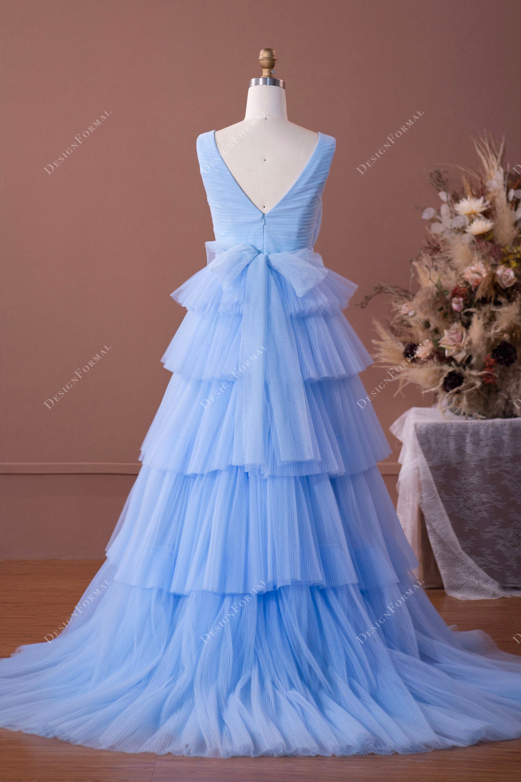 blue straps pleated tiered tulle prom formal gown