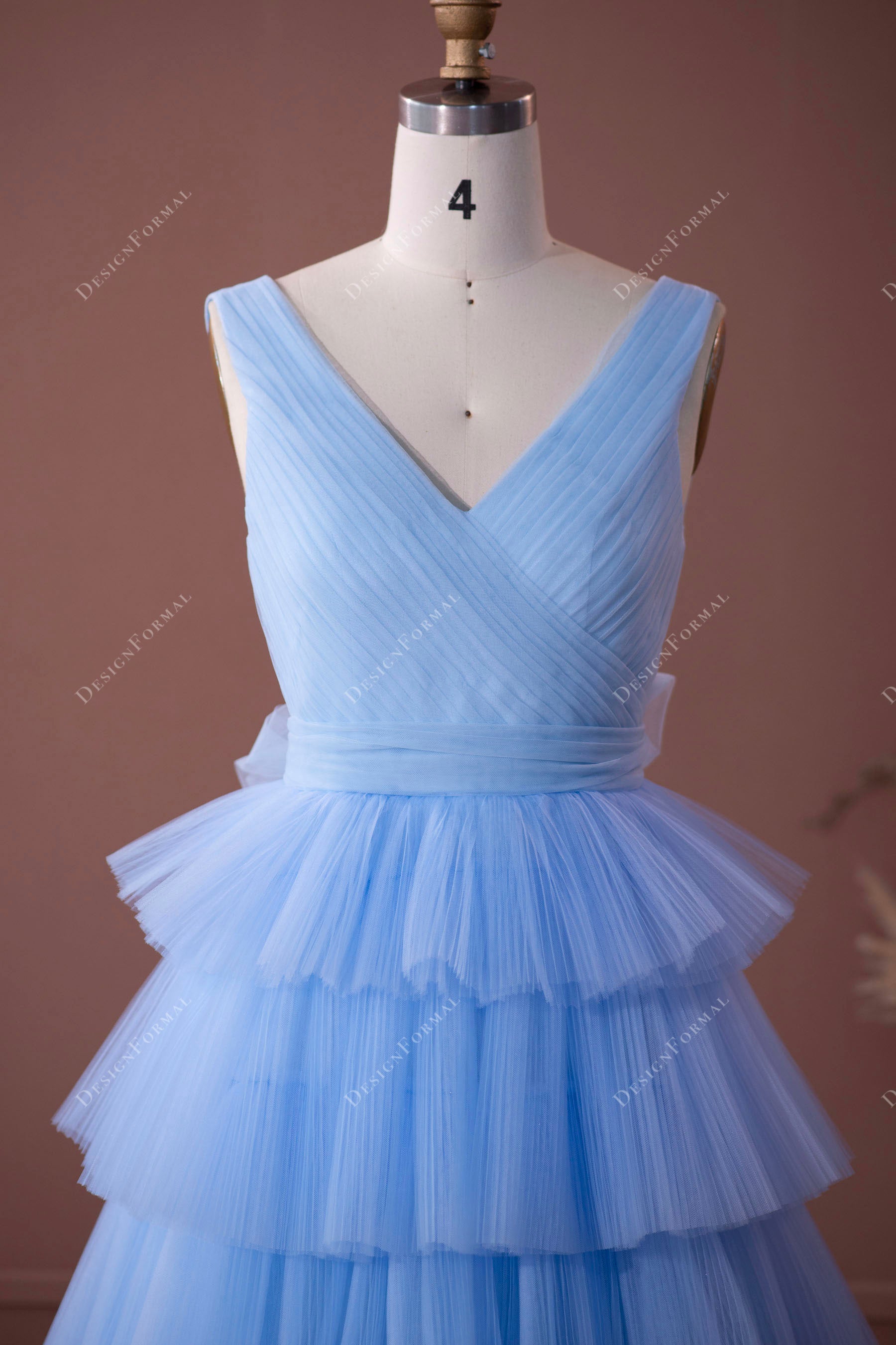 blue straps pleated tulle prom formal dress