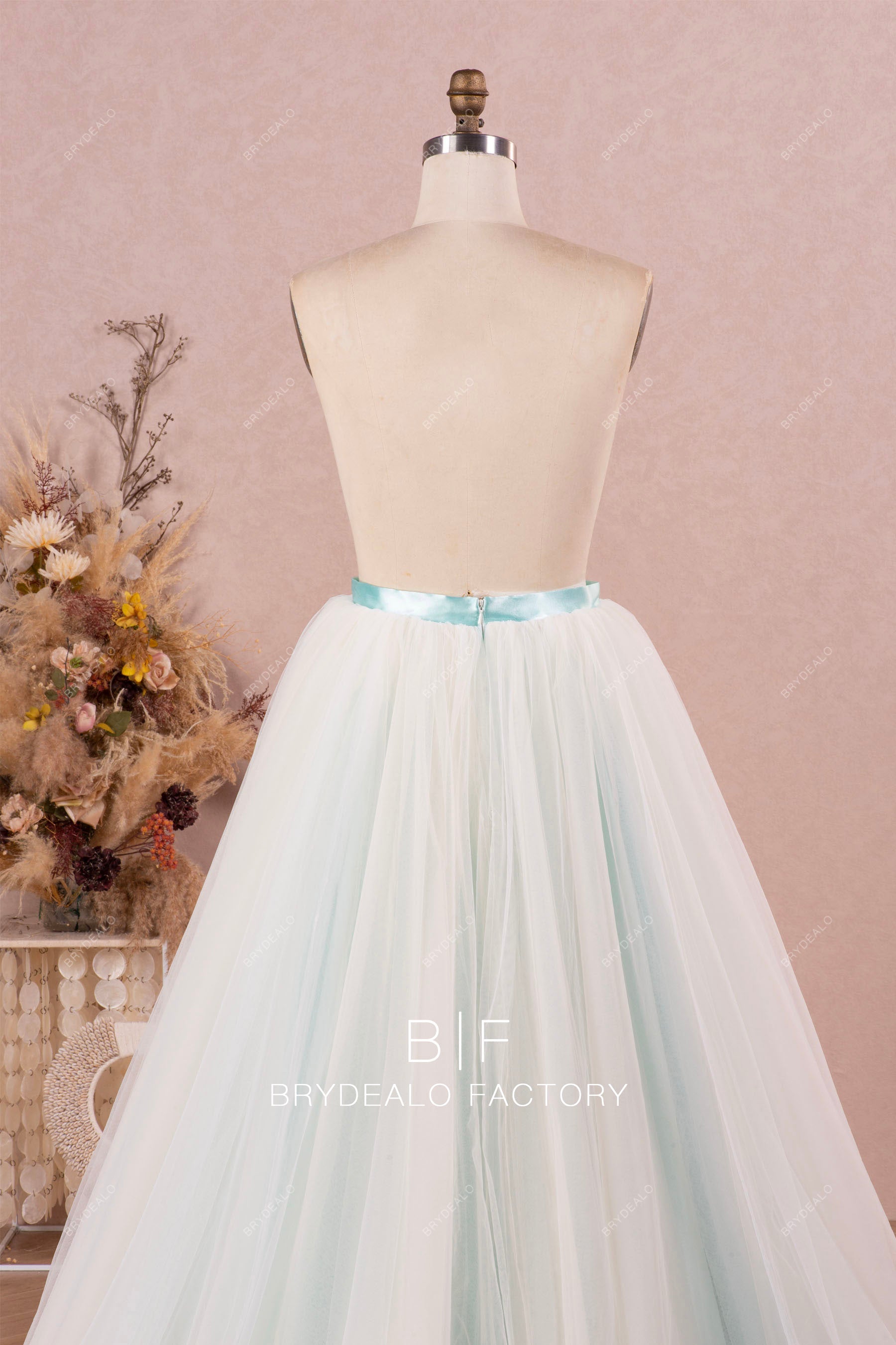 ivory tulle overlaid ice blue bridal skirt