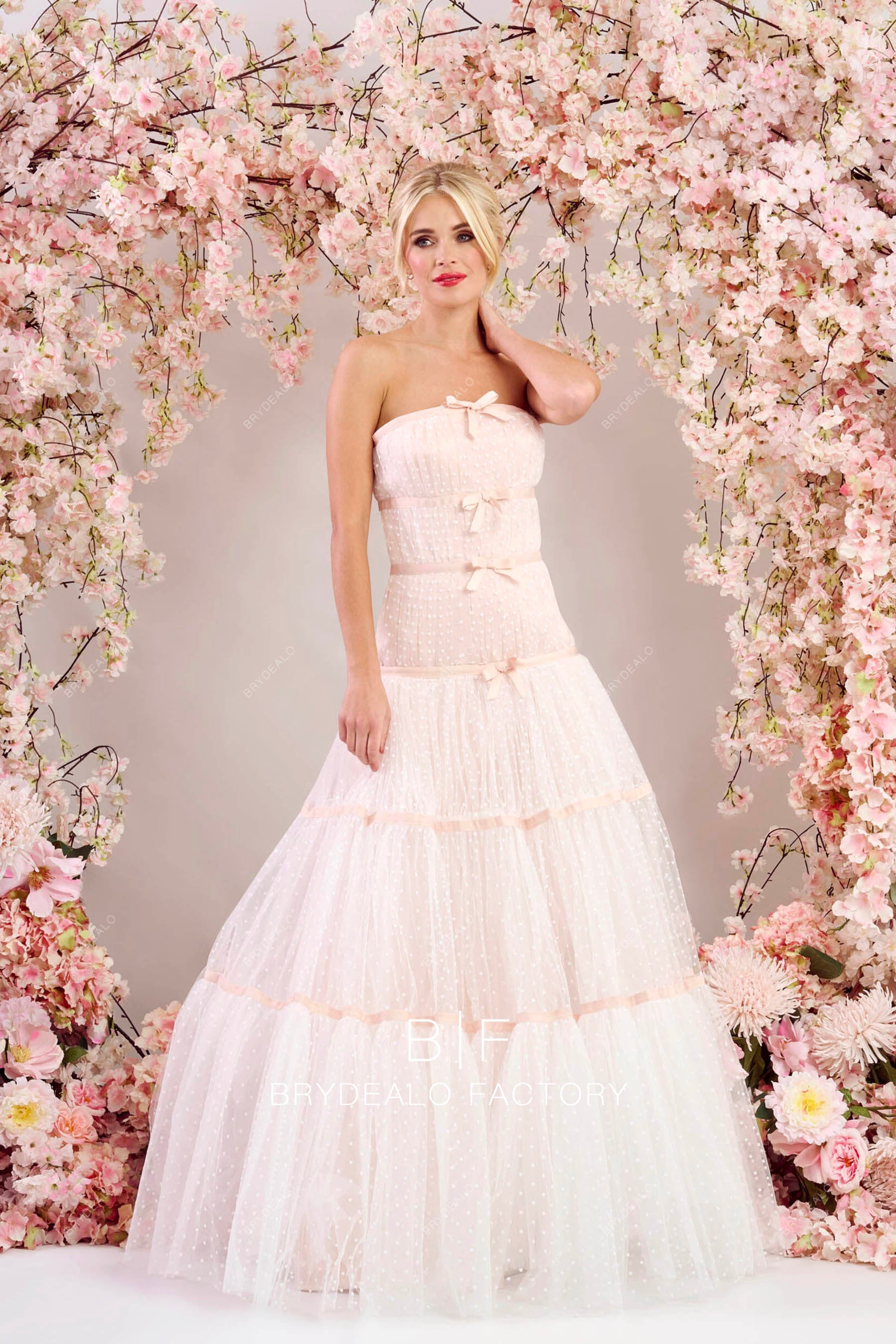 cute blush dot tulle strapless bridal dress