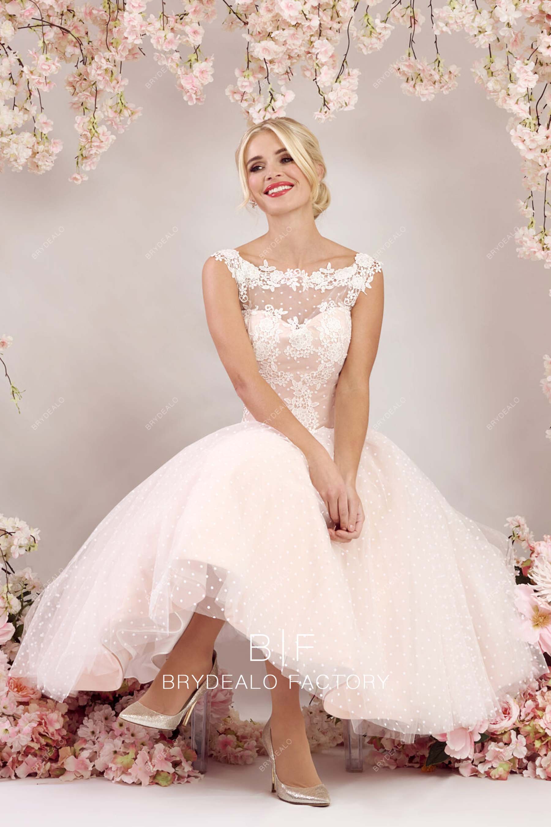 vintage blush pink spot dot tulle chic bridal dress