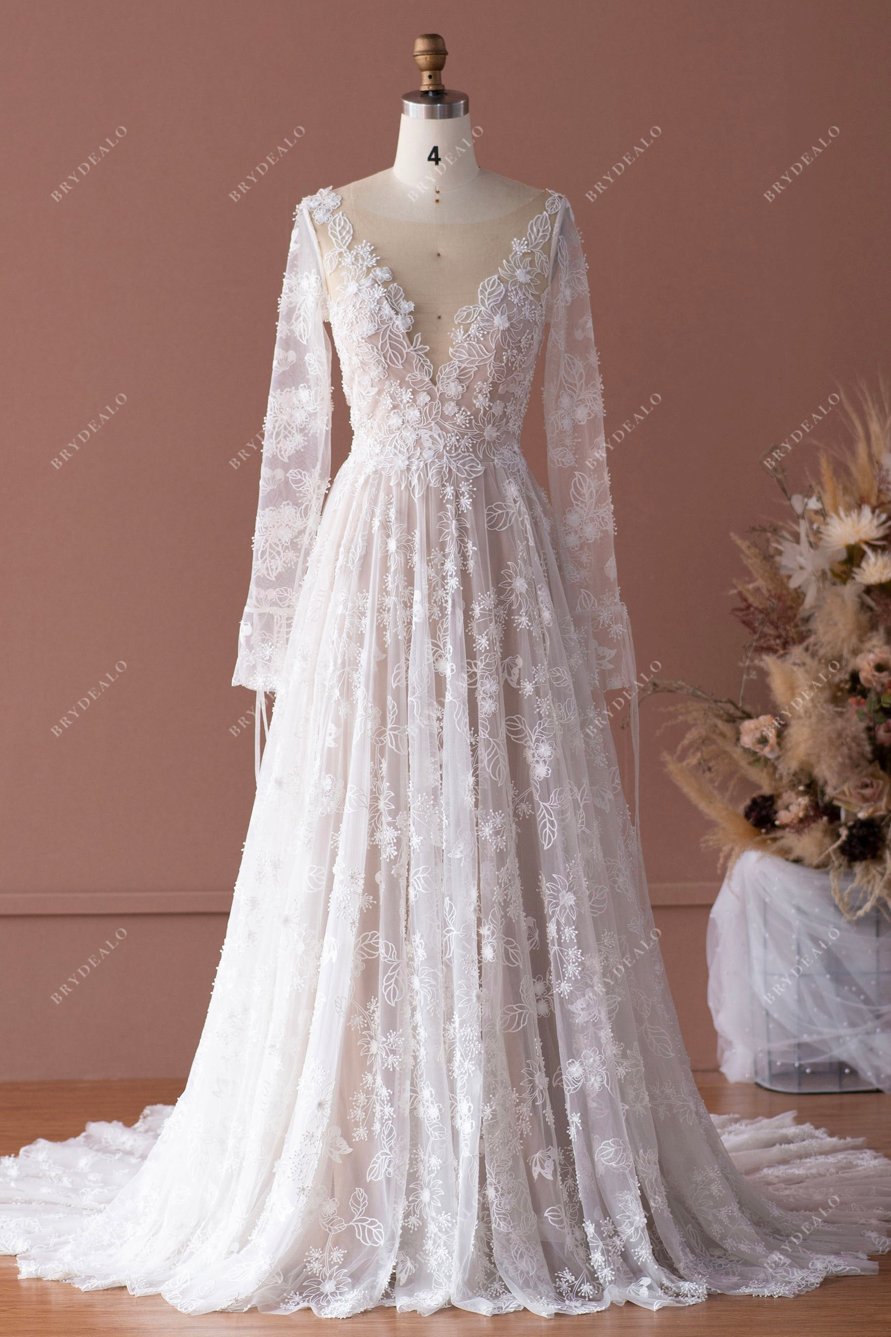 boho bell sleeves flower lace A-line wedding dress