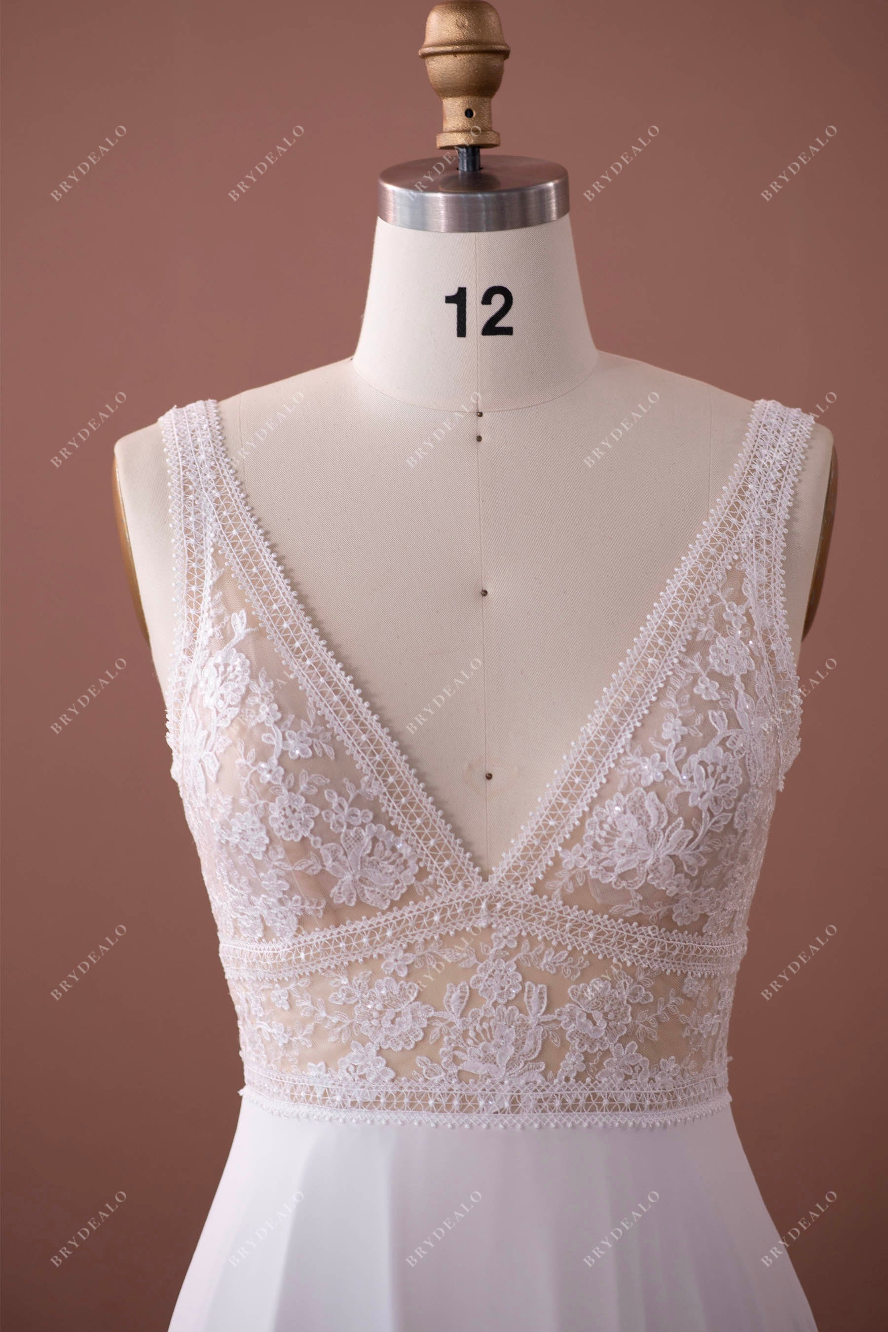 sleeveless boho straps plunging lace wedding dress