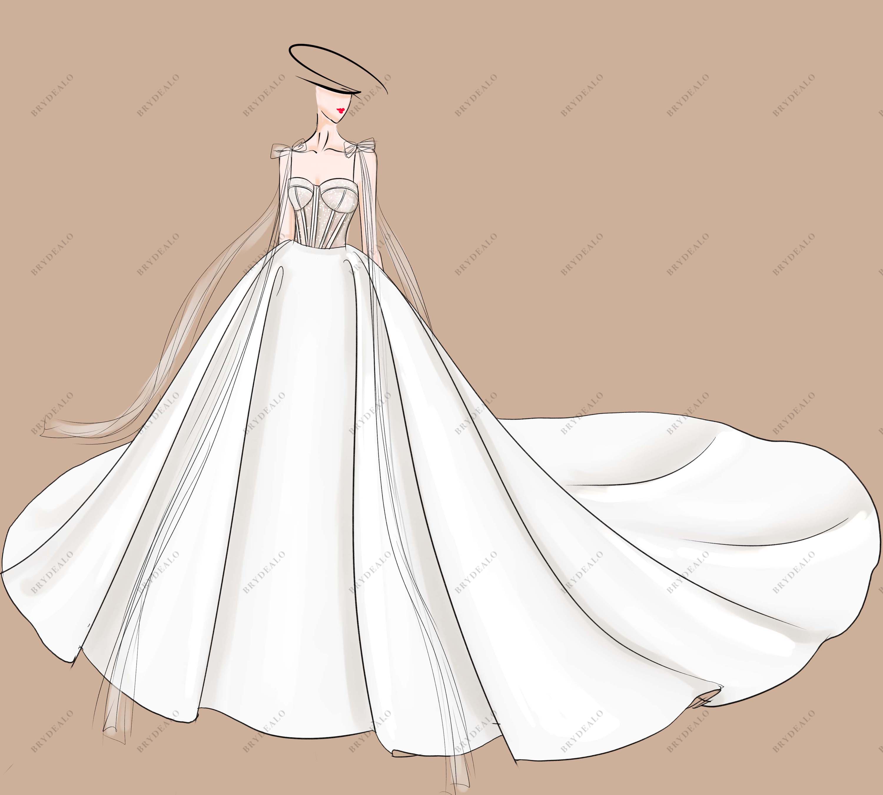 Designed Satin Ball Gown Corset Spaghetti Straps Bridal Dress Sketch