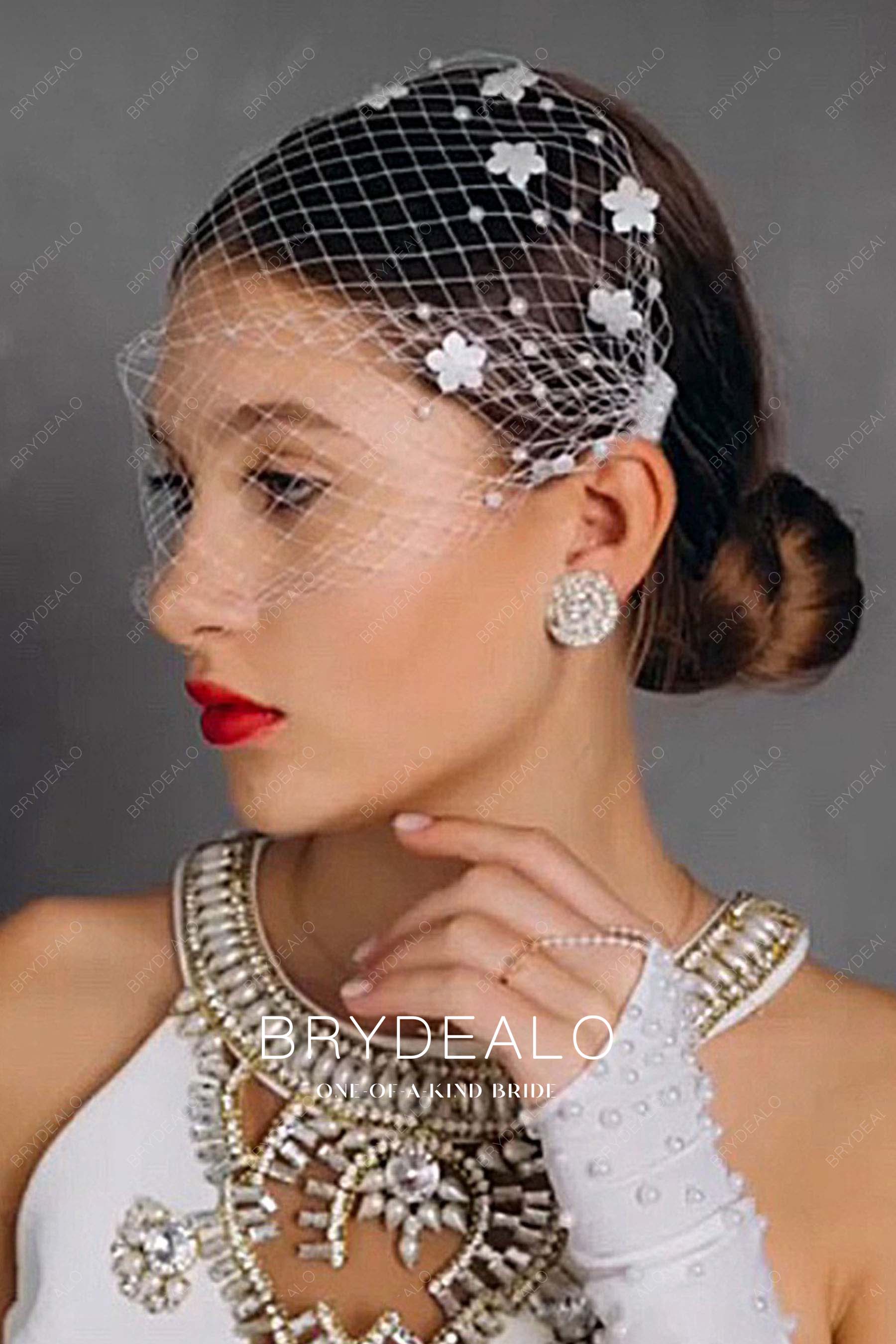 classic bridal flower pearl birdcage veil