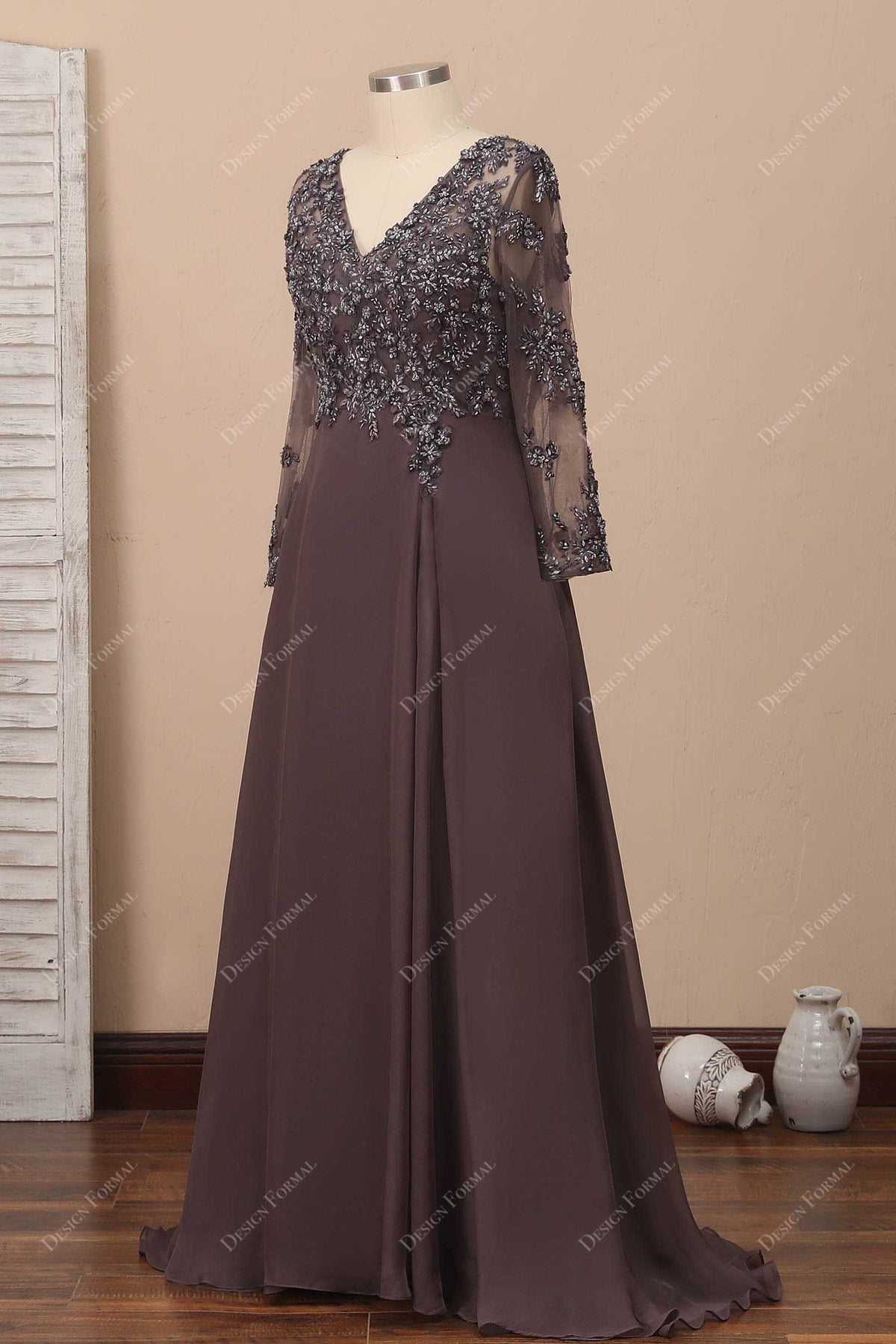 Brown Beaded Chiffon Sheer Sleeve Lace Plus Size Evening Prom Dress