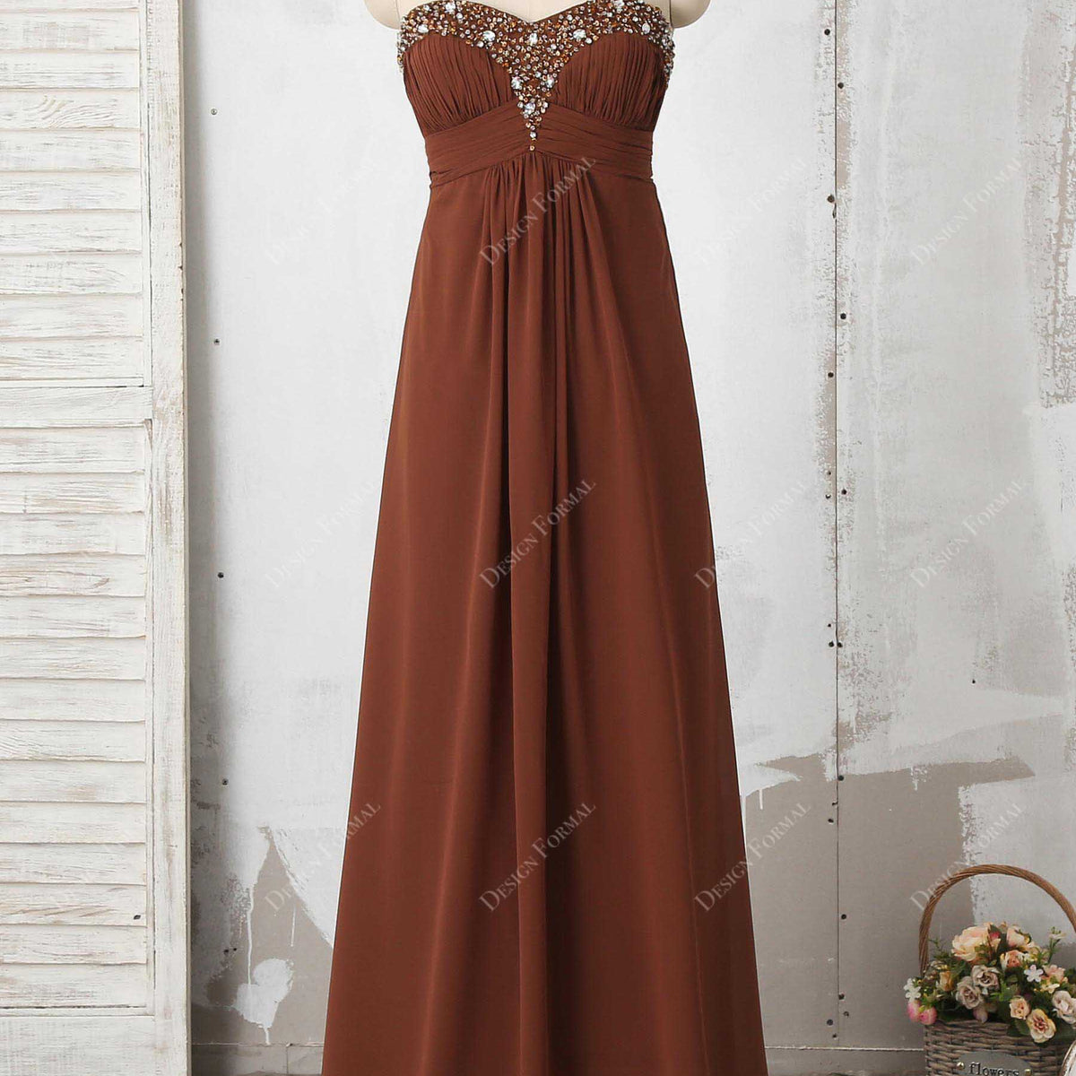 Brown Chiffon Strapless Beads sweetheart Neck Bridesmaid Evening Dress Brown Chiffon Strapless Beads sweetheart Neck Bridesmaid Evening Dress