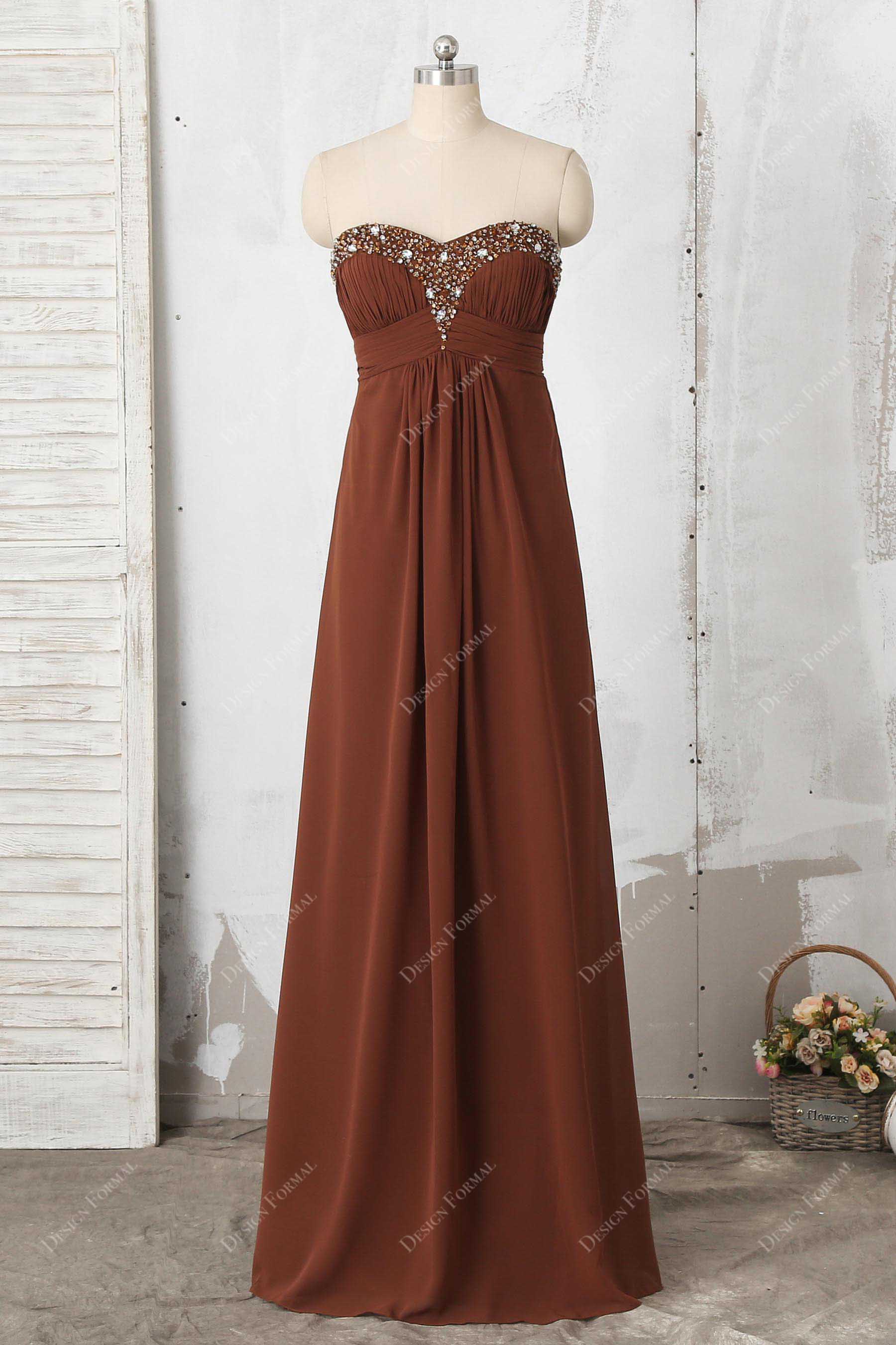 brown beaded empire chiffon bridesmaid dress