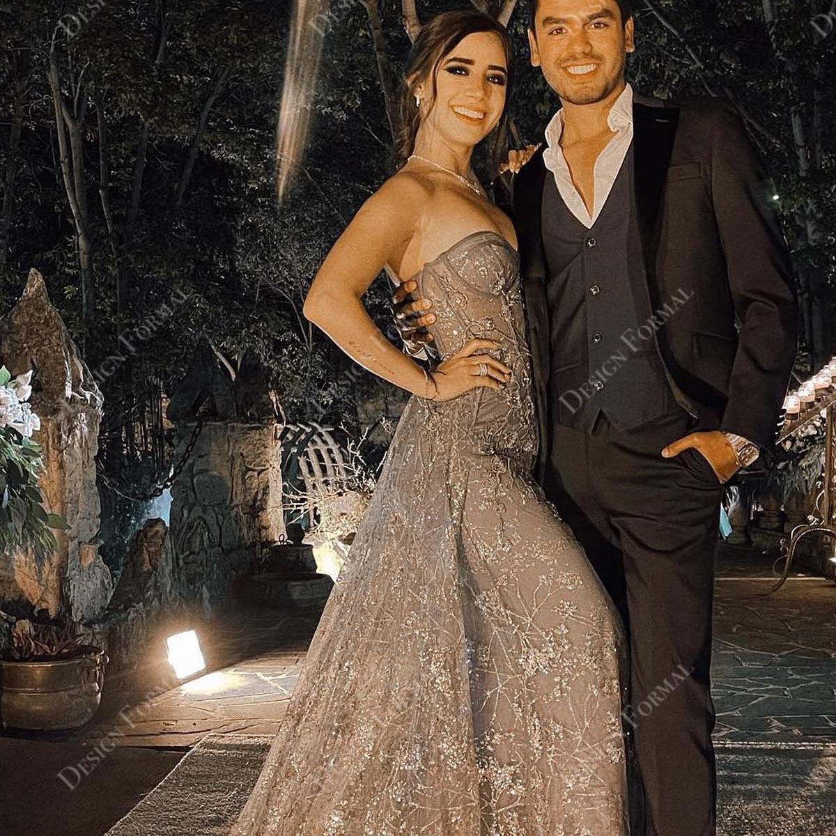 Brown Sequin Lace Strapless Prom Dress with Overskirt